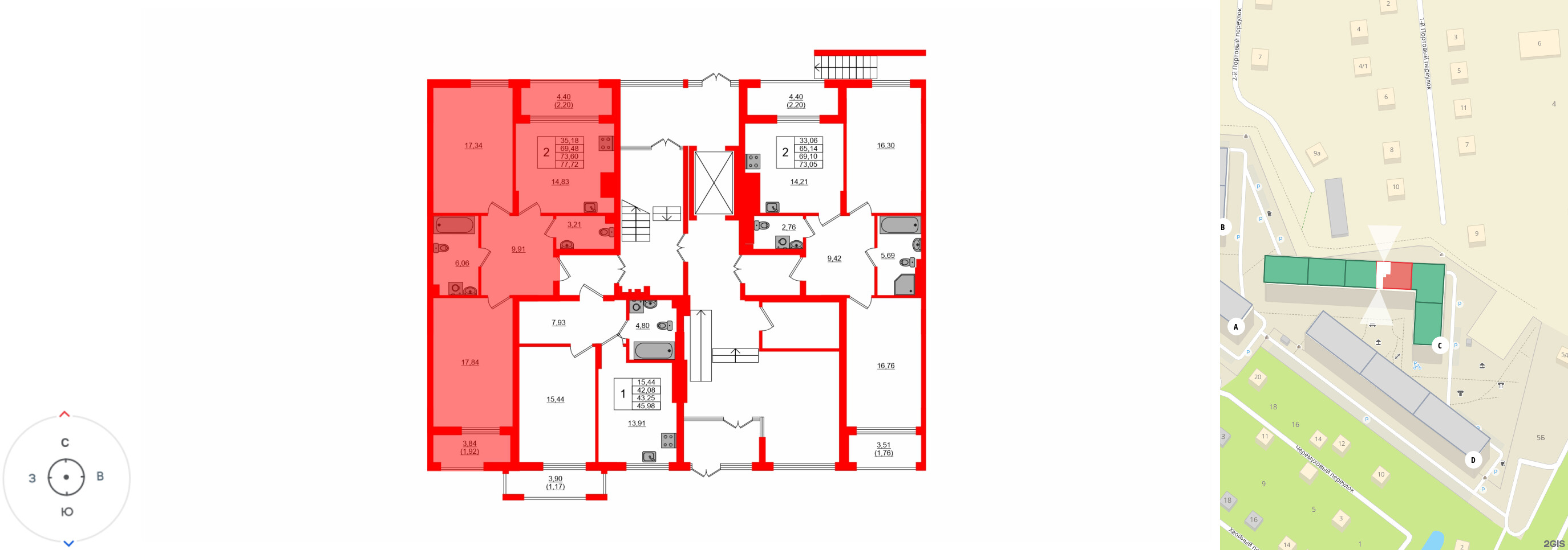 Квартира в ЖК «АЭРО», 2 комнатная, 73.6 м², 1 этаж