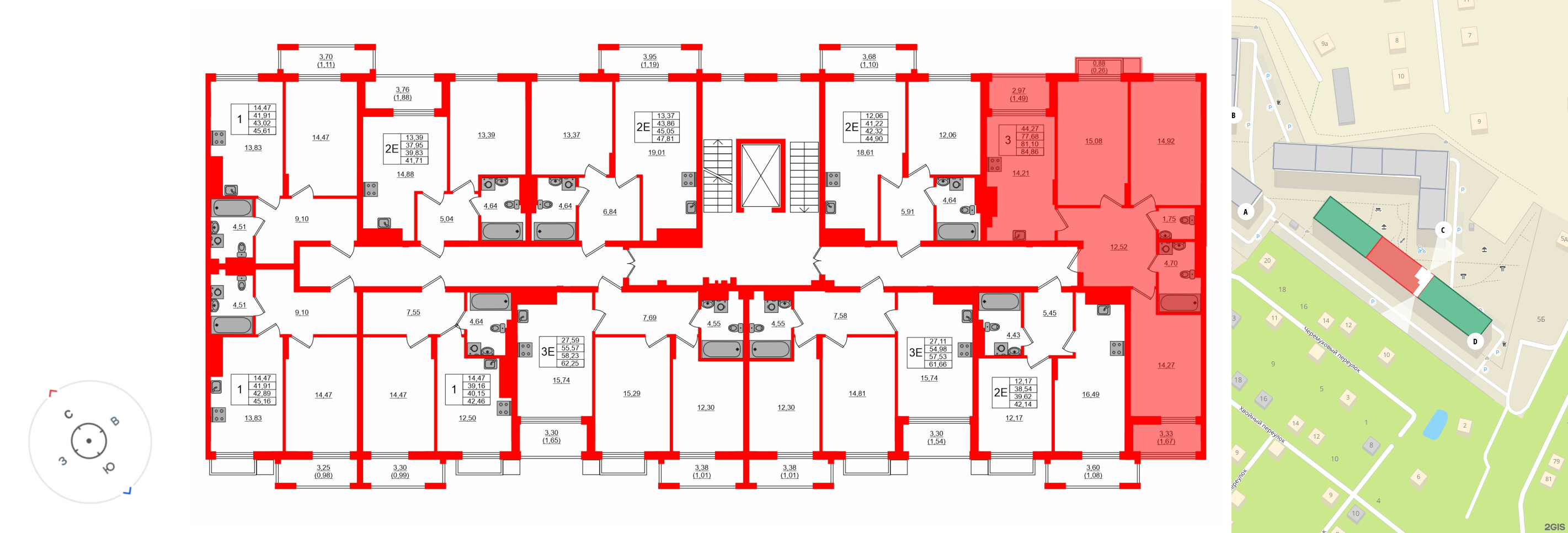 Квартира в ЖК «АЭРО», 3 комнатная, 81.1 м², 2 этаж