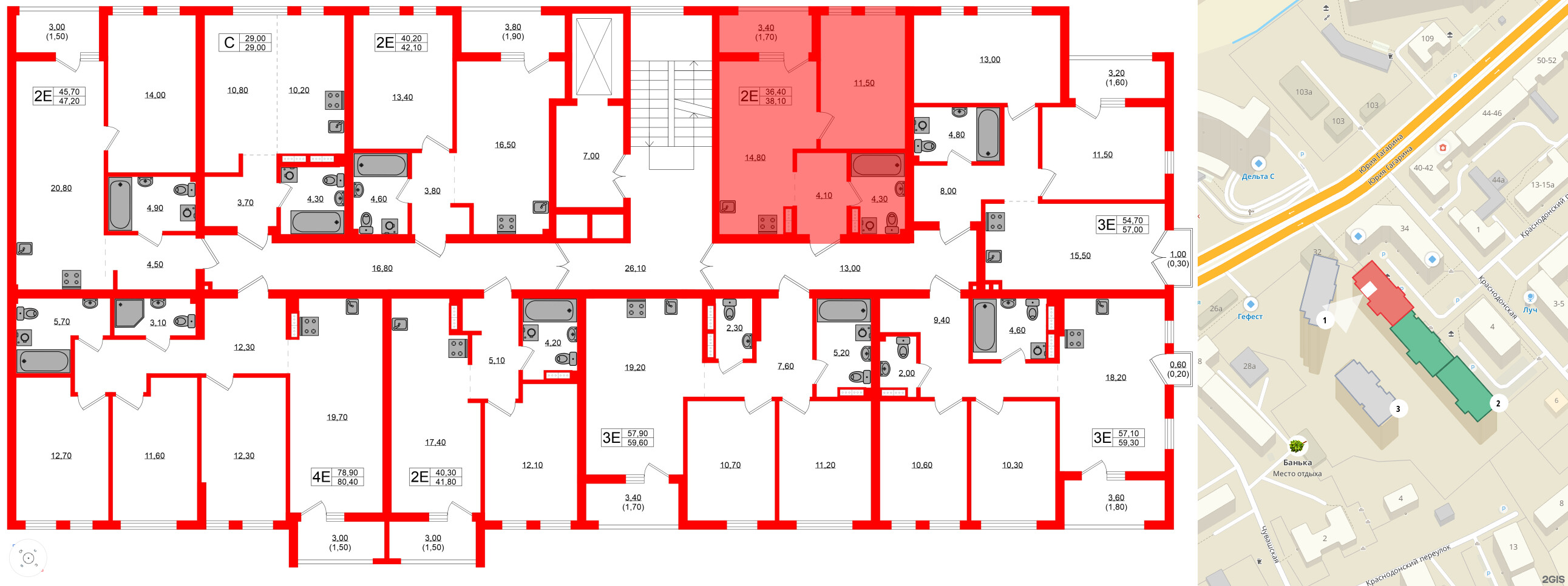 Квартира в ЖК Гагарина 30, 1 комнатная, 36.4 м², 2 этаж