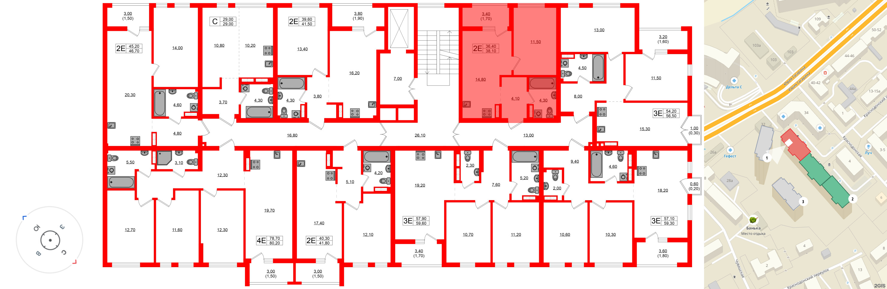 Квартира в ЖК Гагарина 30, 1 комнатная, 36.4 м², 3 этаж