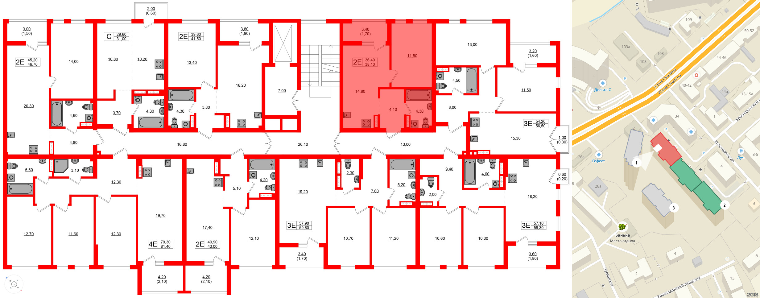 Квартира в ЖК Гагарина 30, 1 комнатная, 36.4 м², 9 этаж
