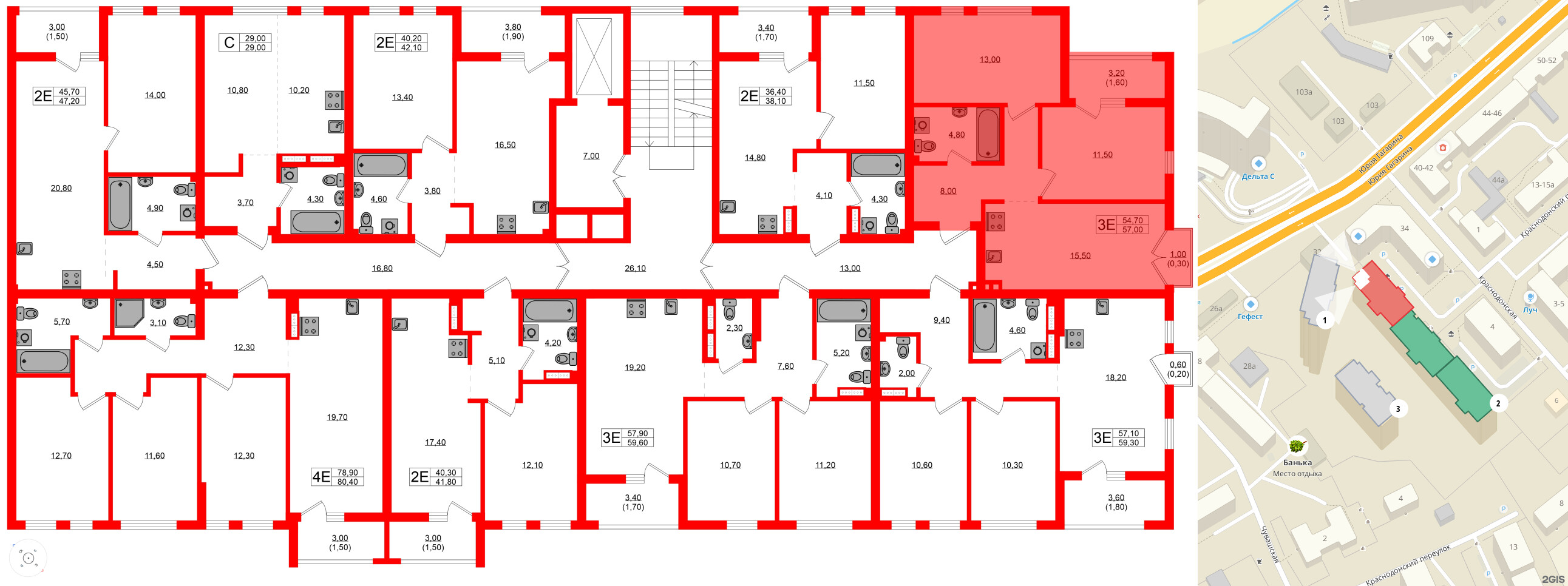 Квартира в ЖК Гагарина 30, 2 комнатная, 54.7 м², 2 этаж