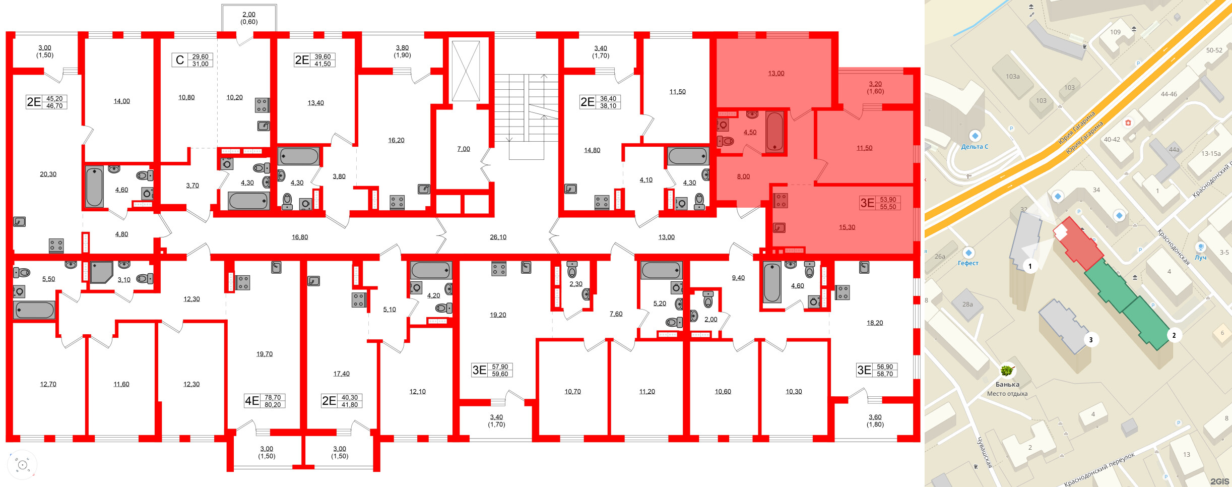 Квартира в ЖК Гагарина 30, 2 комнатная, 53.9 м², 6 этаж