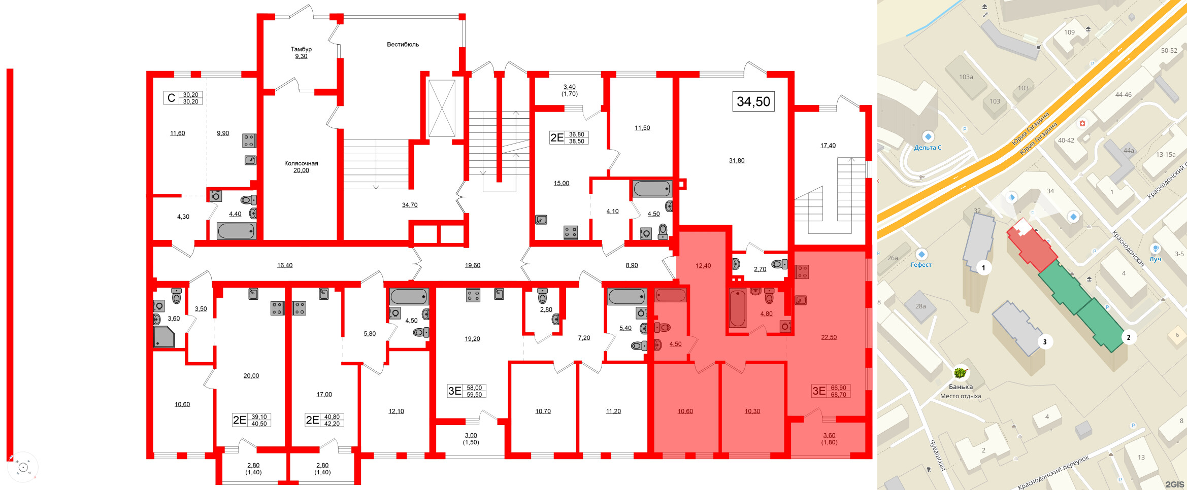 Квартира в ЖК Гагарина 30, 2 комнатная, 66.9 м², 1 этаж