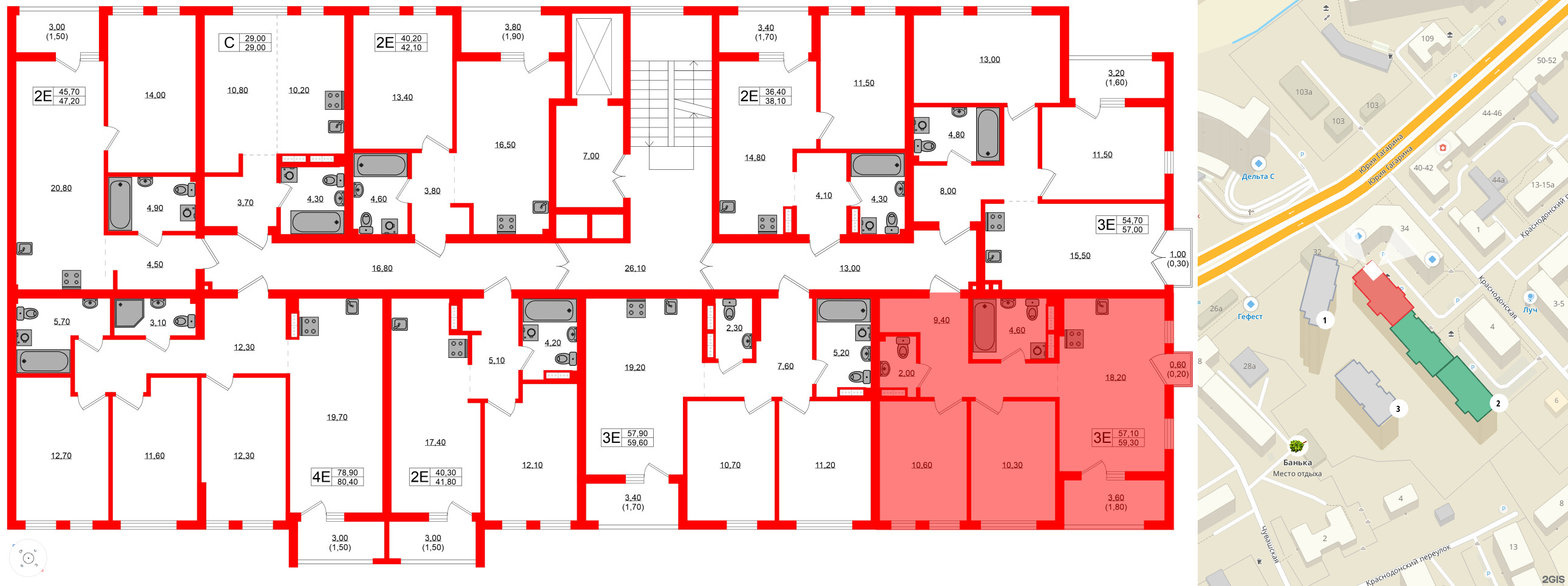 Квартира в ЖК Гагарина 30, 2 комнатная, 57.1 м², 2 этаж