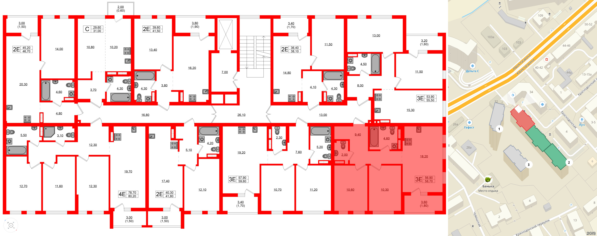 Квартира в ЖК Гагарина 30, 2 комнатная, 56.9 м², 6 этаж