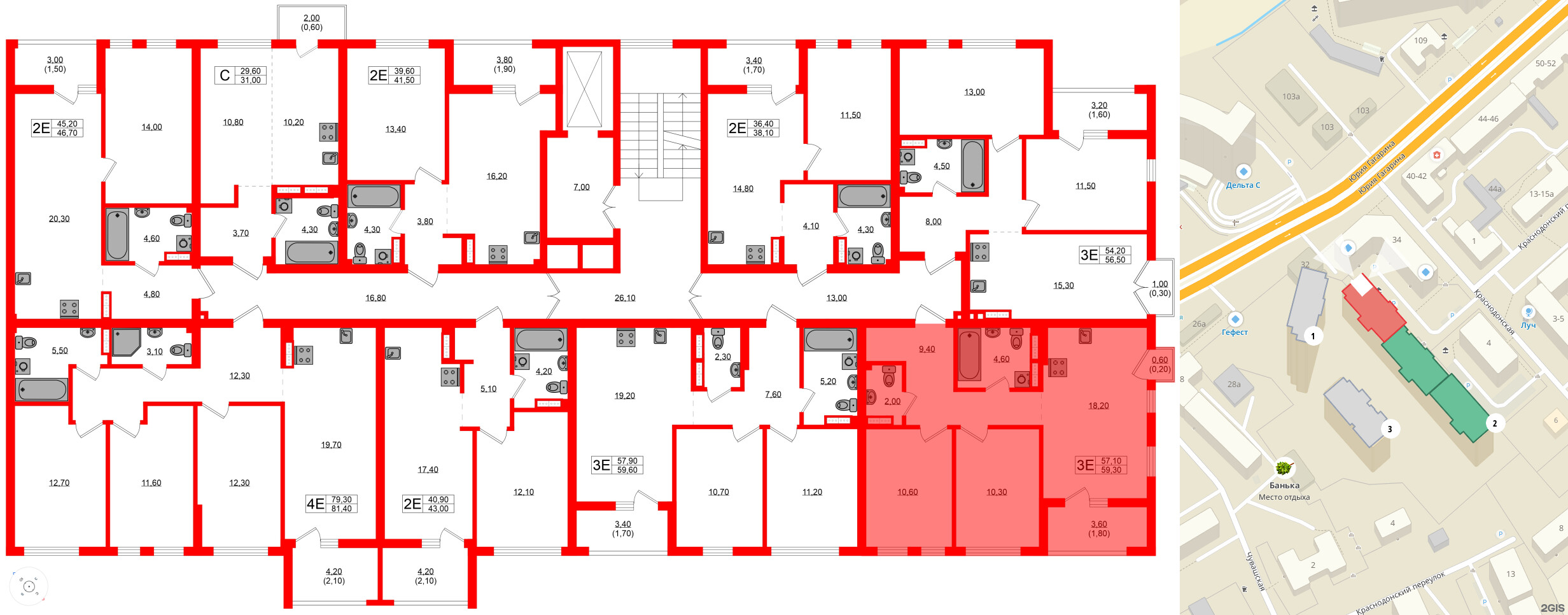 Квартира в ЖК Гагарина 30, 2 комнатная, 57.1 м², 9 этаж