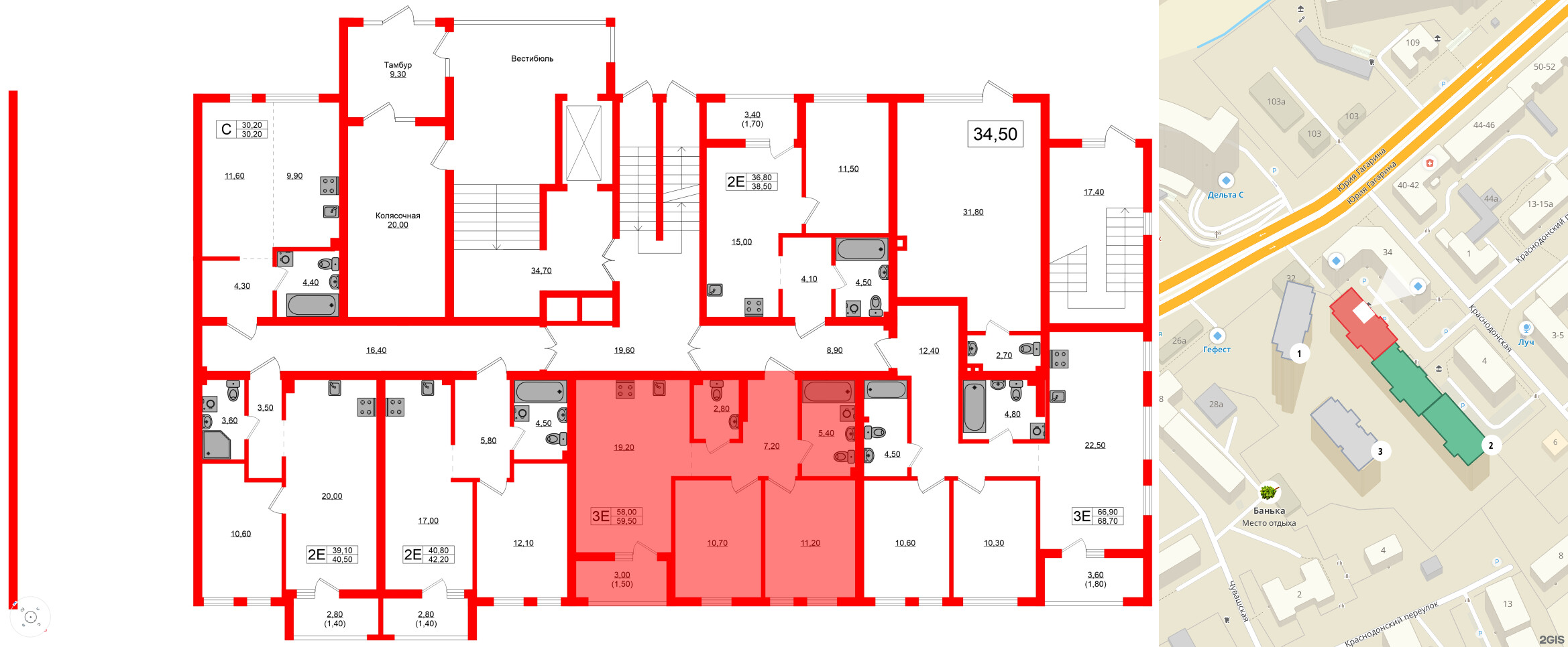 Квартира в ЖК Гагарина 30, 2 комнатная, 58 м², 1 этаж