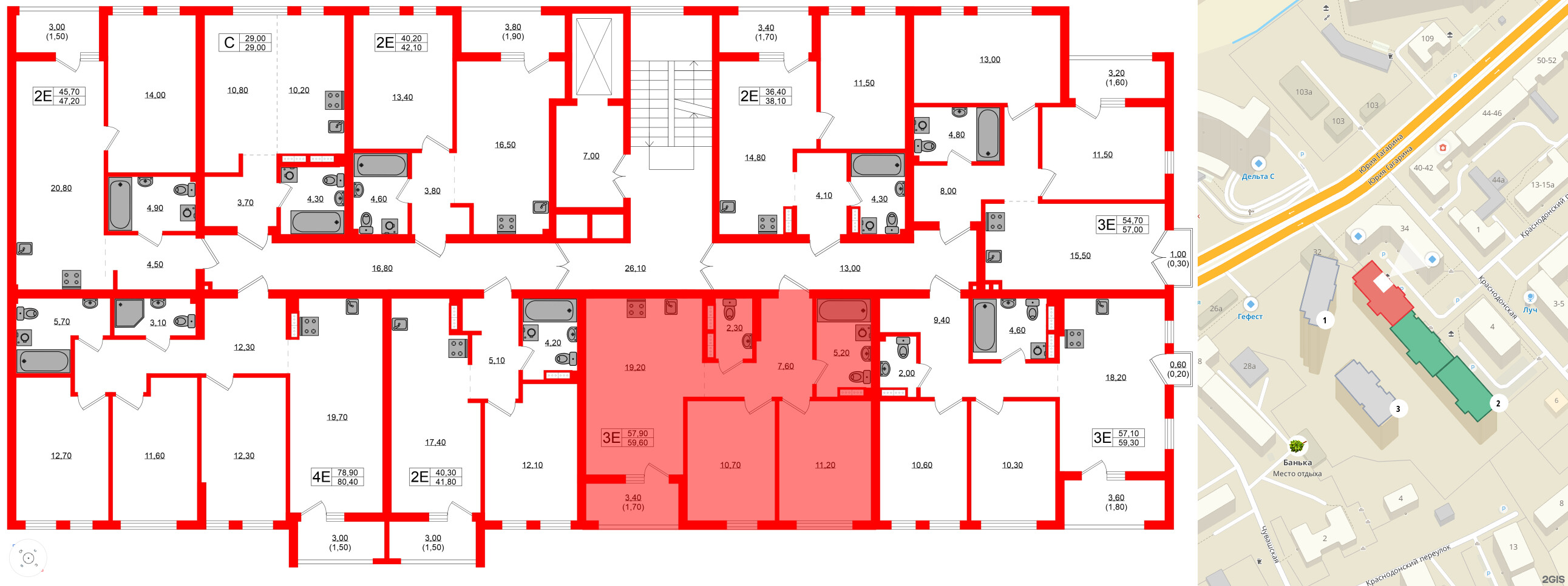 Квартира в ЖК Гагарина 30, 2 комнатная, 57.9 м², 2 этаж