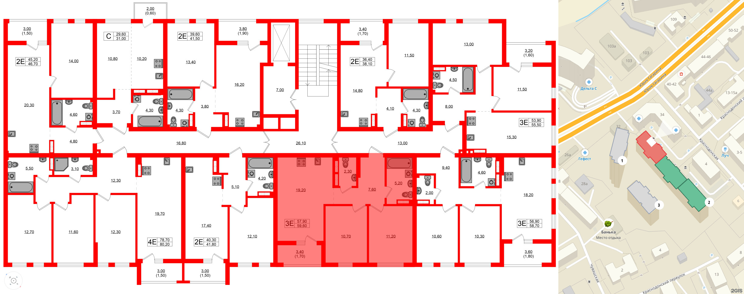 Квартира в ЖК Гагарина 30, 2 комнатная, 57.9 м², 6 этаж