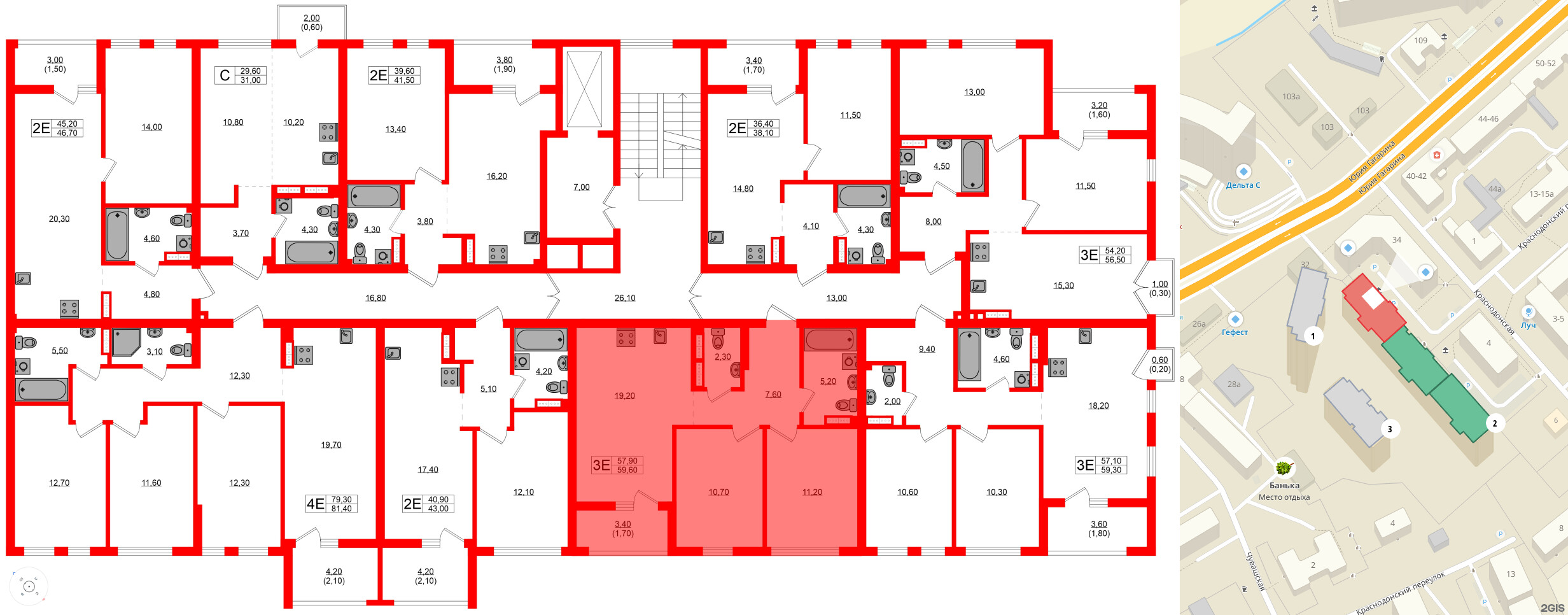 Квартира в ЖК Гагарина 30, 2 комнатная, 57.9 м², 8 этаж