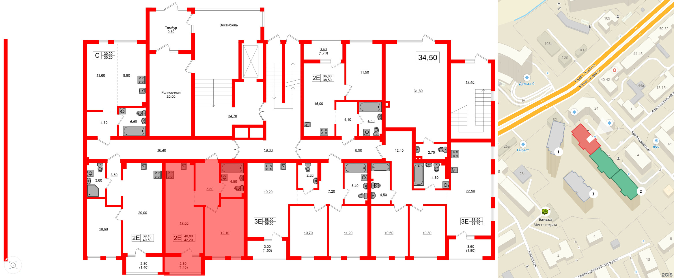 Квартира в ЖК Гагарина 30, 1 комнатная, 40.8 м², 1 этаж