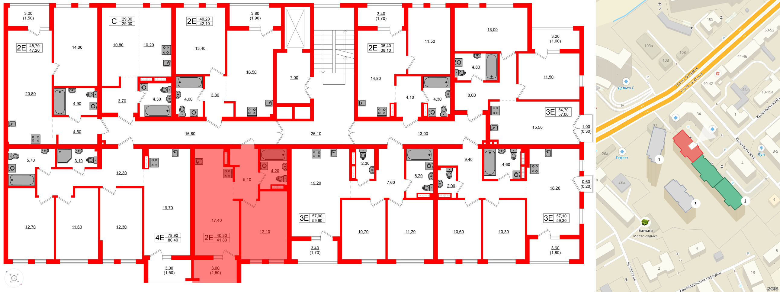 Квартира в ЖК Гагарина 30, 1 комнатная, 40.3 м², 2 этаж