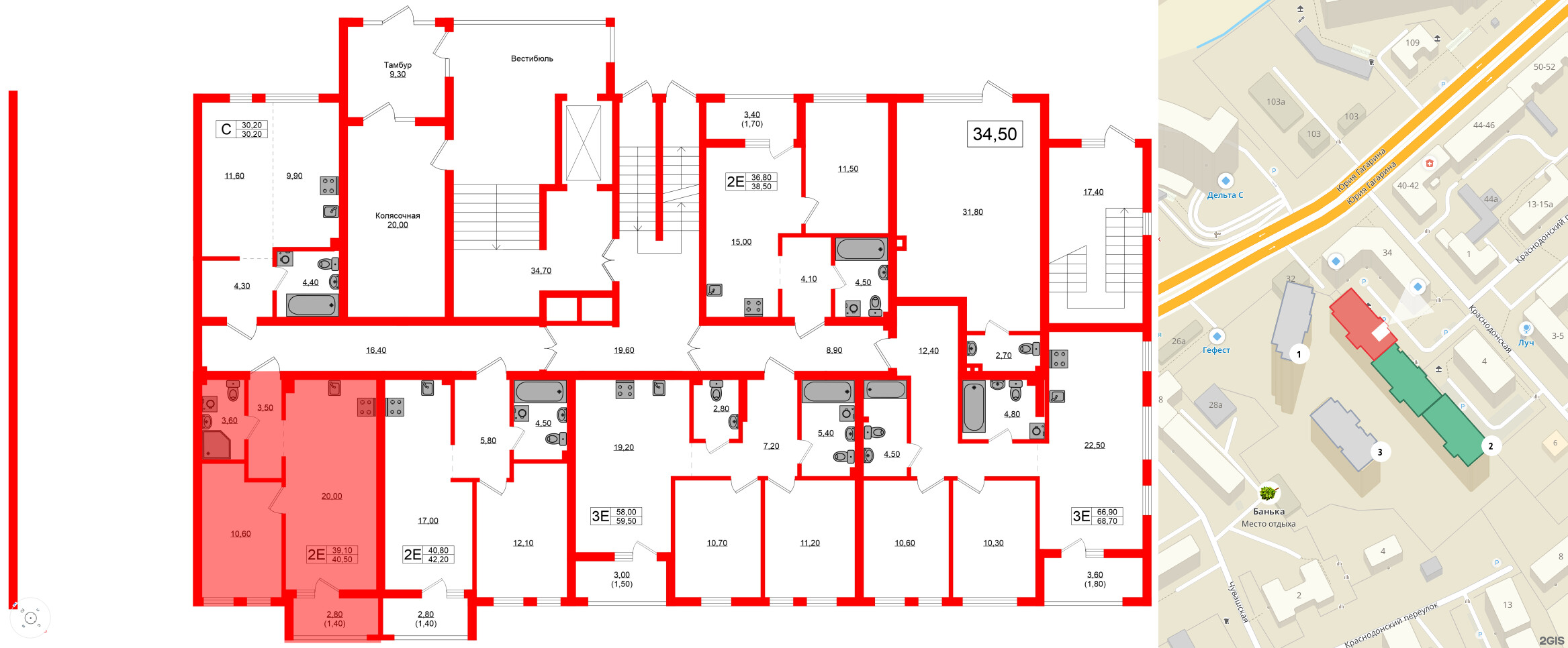 Квартира в ЖК Гагарина 30, 1 комнатная, 39.1 м², 1 этаж
