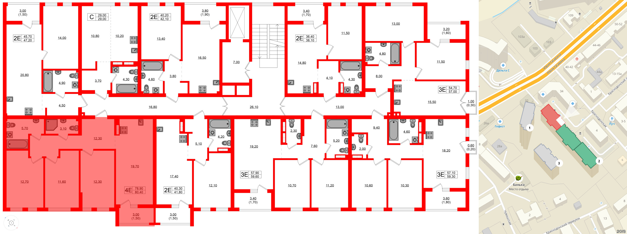 Квартира в ЖК Гагарина 30, 3 комнатная, 78.9 м², 2 этаж