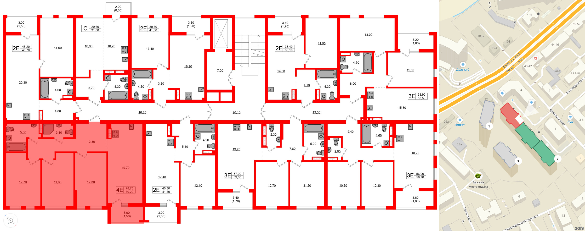 Квартира в ЖК Гагарина 30, 3 комнатная, 78.7 м², 6 этаж