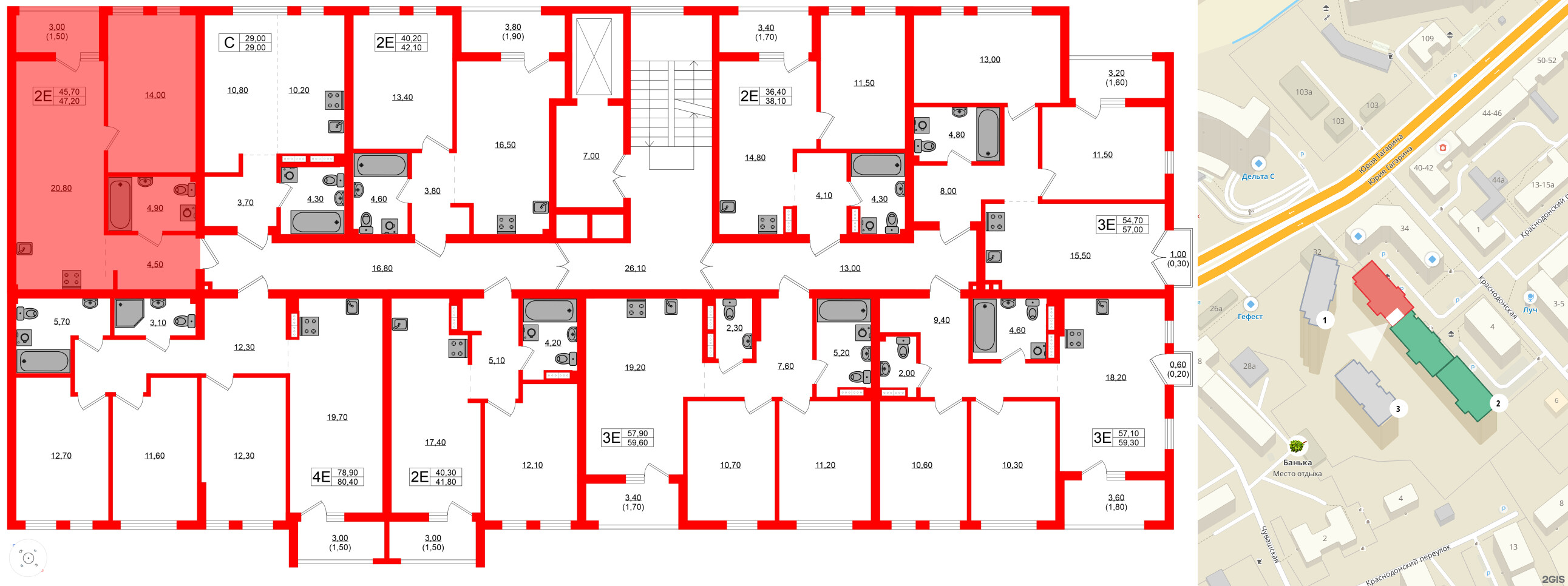 Квартира в ЖК Гагарина 30, 1 комнатная, 45.7 м², 2 этаж
