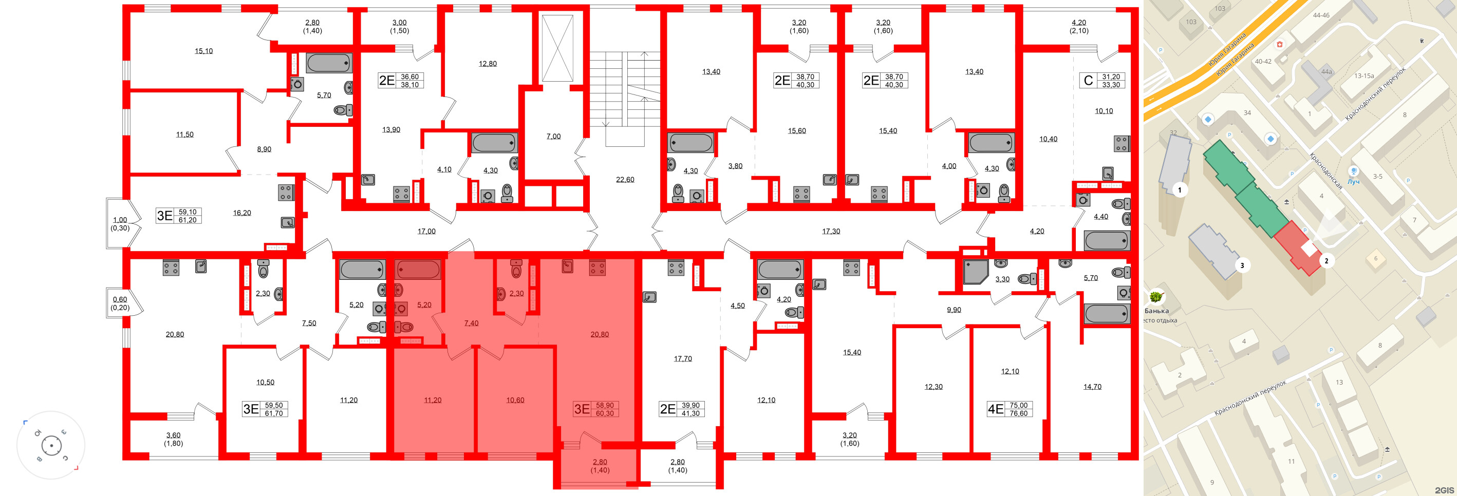 Квартира в ЖК Гагарина 30, 2 комнатная, 58.9 м², 6 этаж
