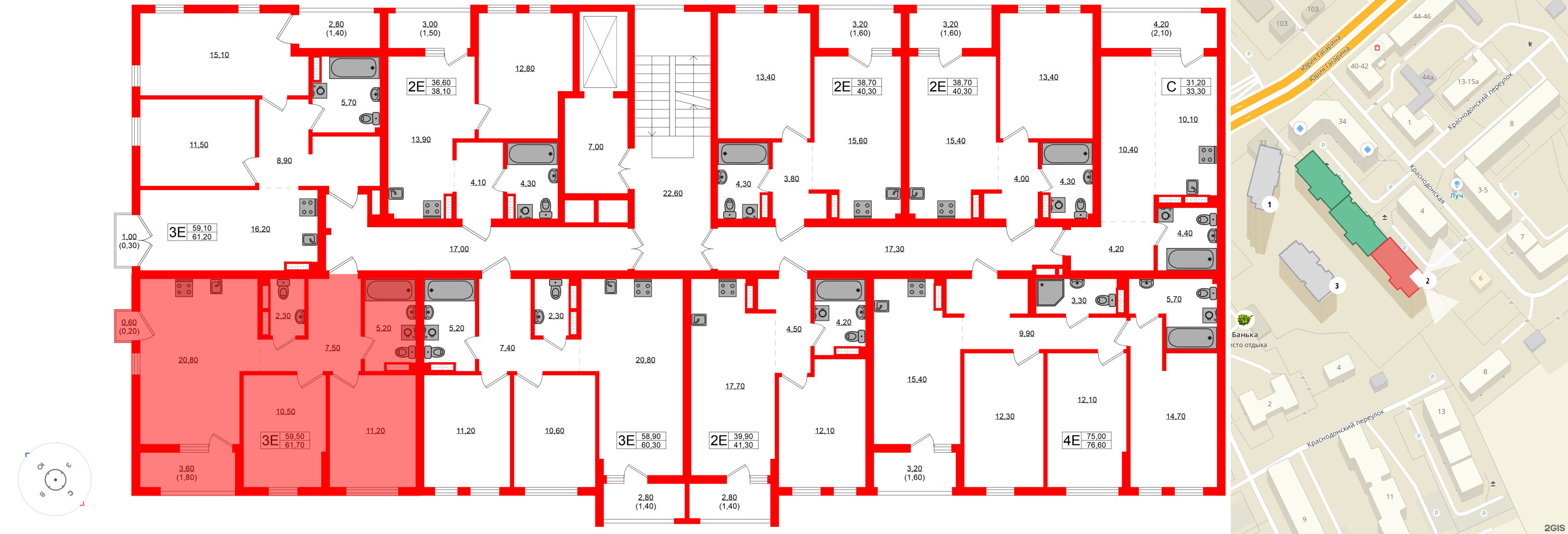 Квартира в ЖК Гагарина 30, 2 комнатная, 59.5 м², 6 этаж