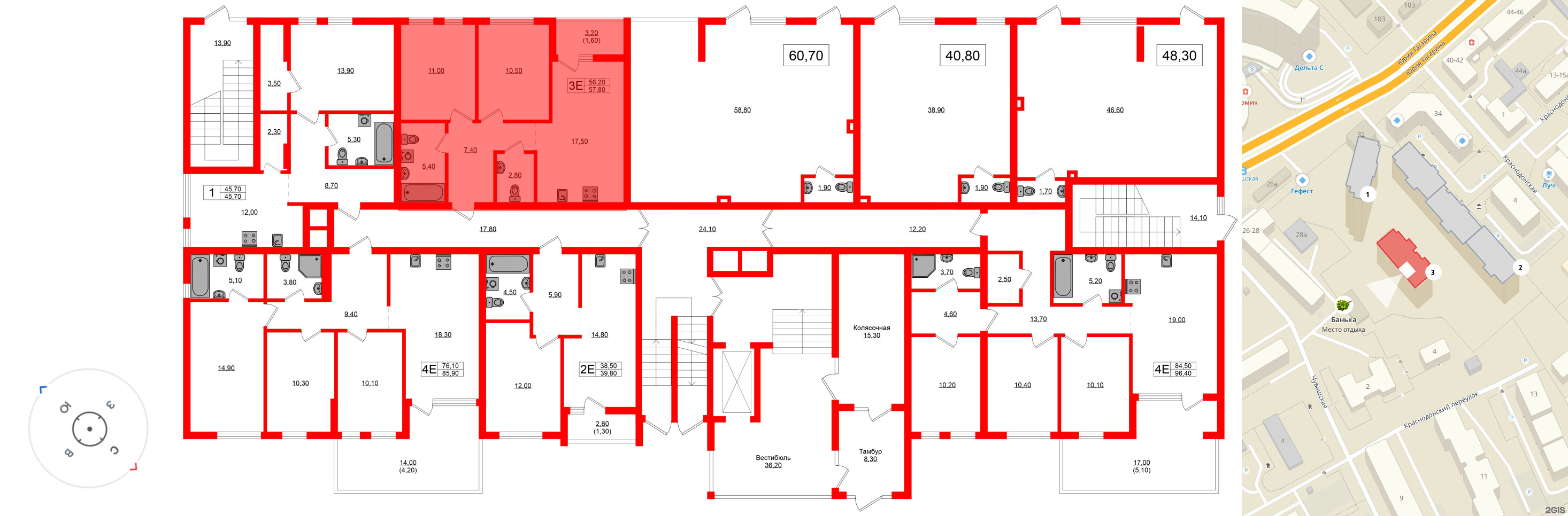 Квартира в ЖК Гагарина 30, 2 комнатная, 56.2 м², 1 этаж