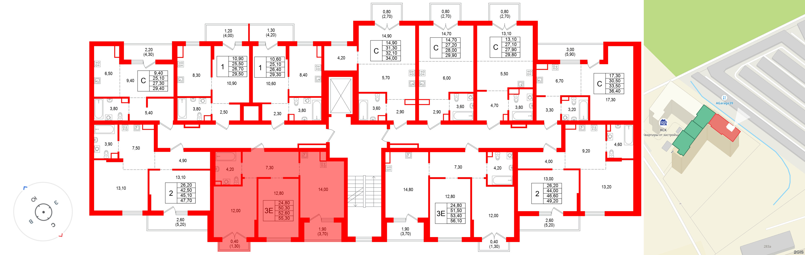 Квартира в ЖК Альпенштадт, 2 комнатная, 52.6 м², 7 этаж