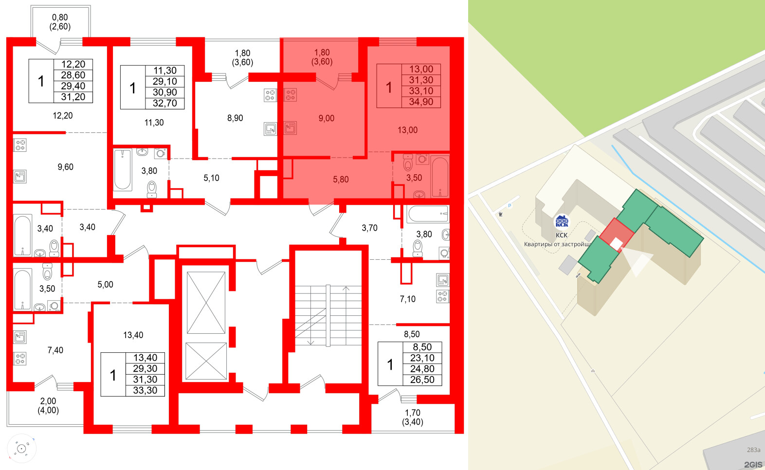 Квартира в ЖК Альпенштадт, 1 комнатная, 33.1 м², 13 этаж