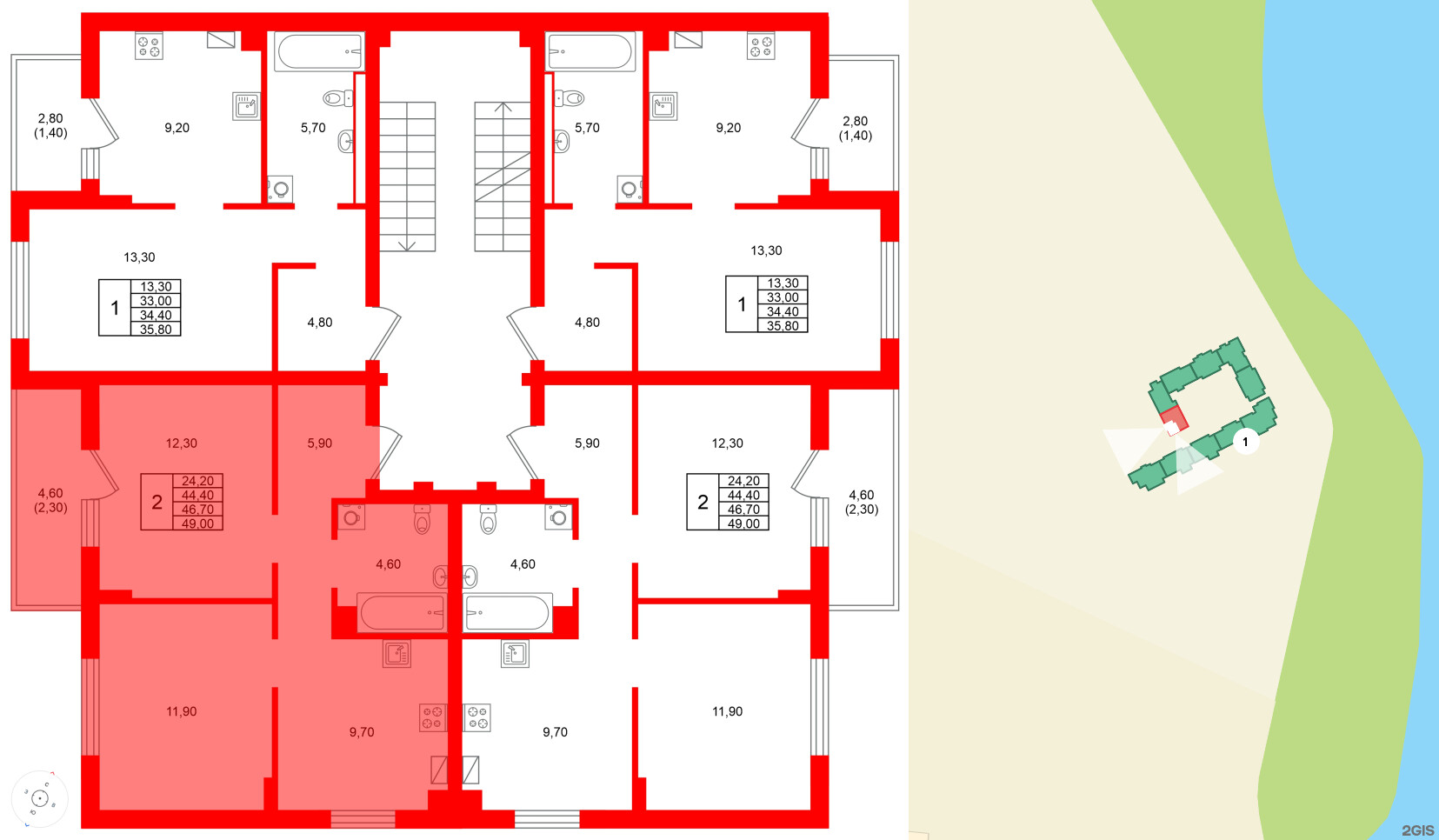Квартира в ЖК Виридиан, 2 комнатная, 46.7 м², 2 этаж