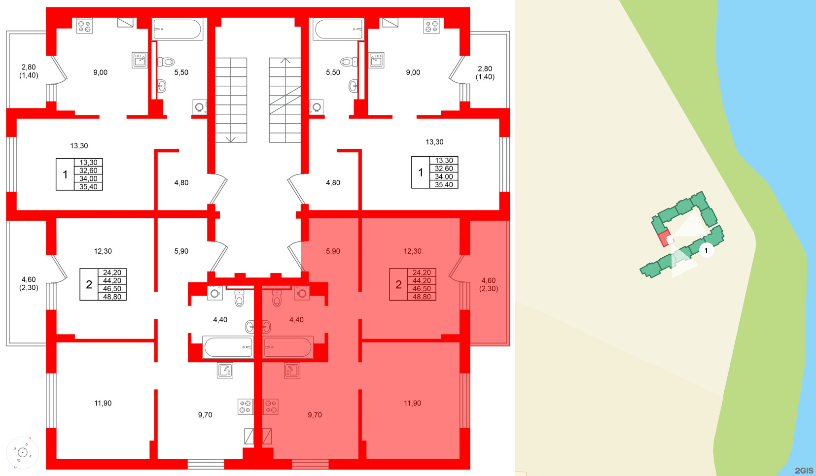 Квартира в ЖК Виридиан, 2 комнатная, 46.5 м², 3 этаж