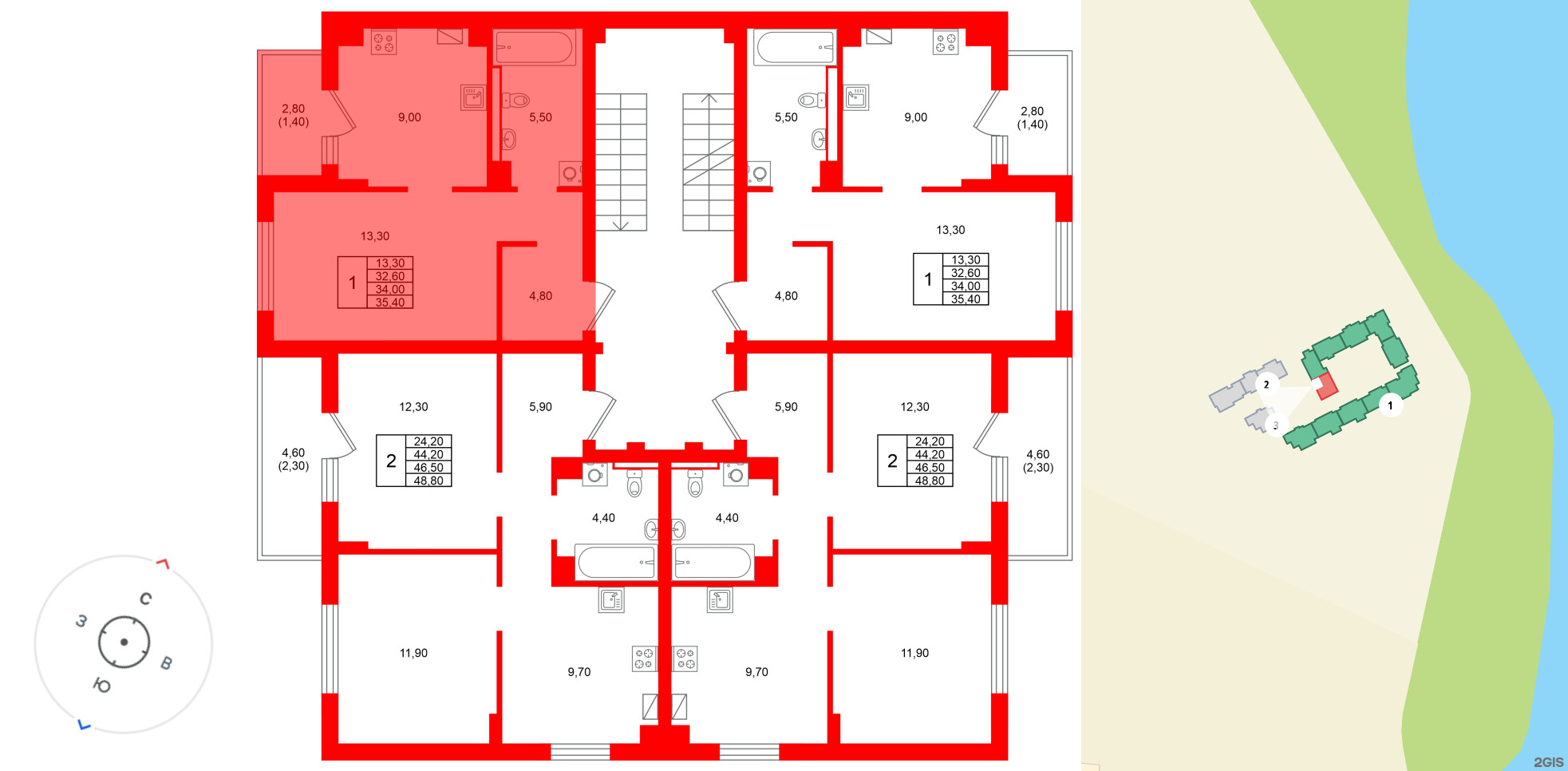 Квартира в ЖК Виридиан, 1 комнатная, 34 м², 3 этаж