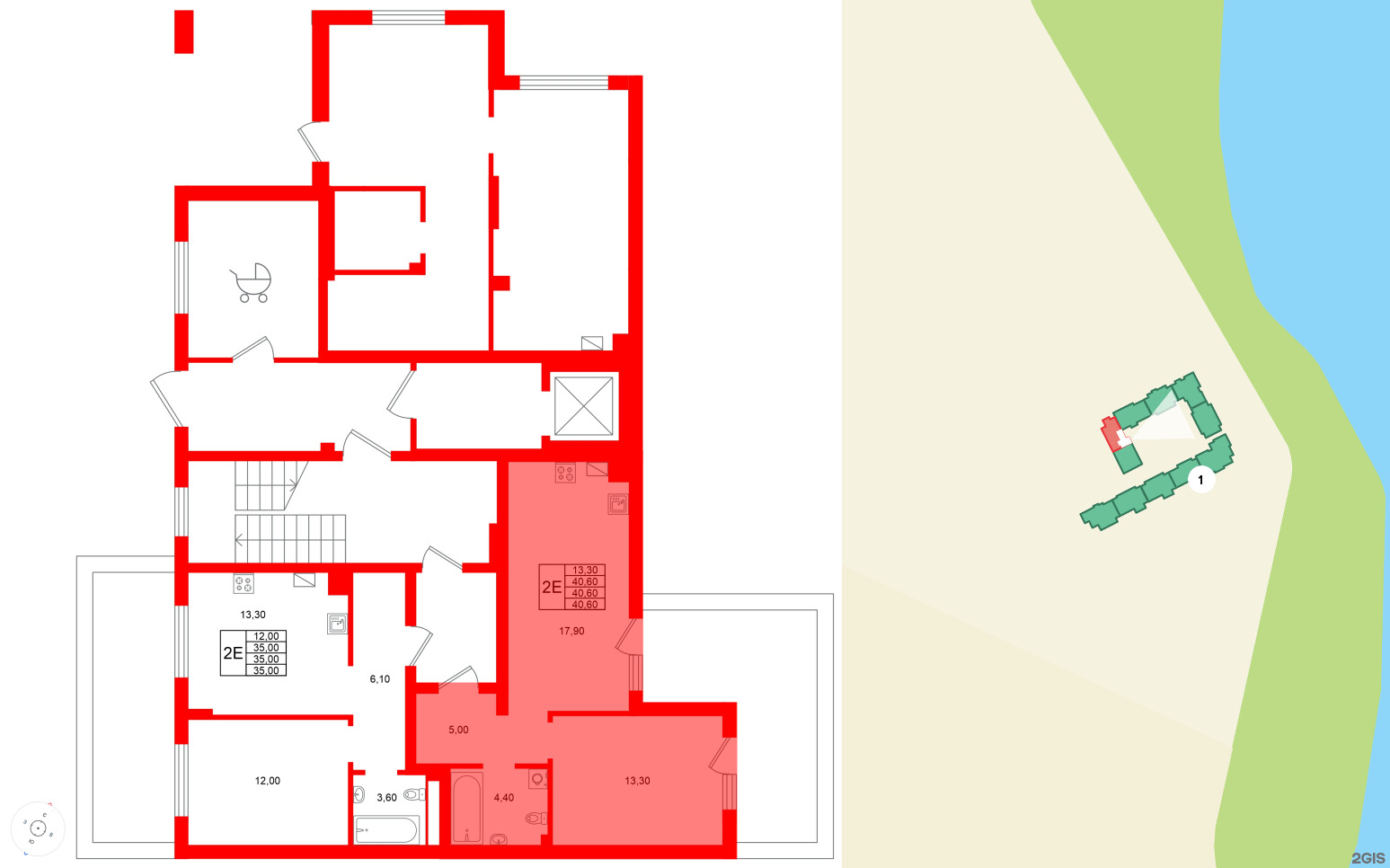 Квартира в ЖК Виридиан, 1 комнатная, 40.6 м², 1 этаж