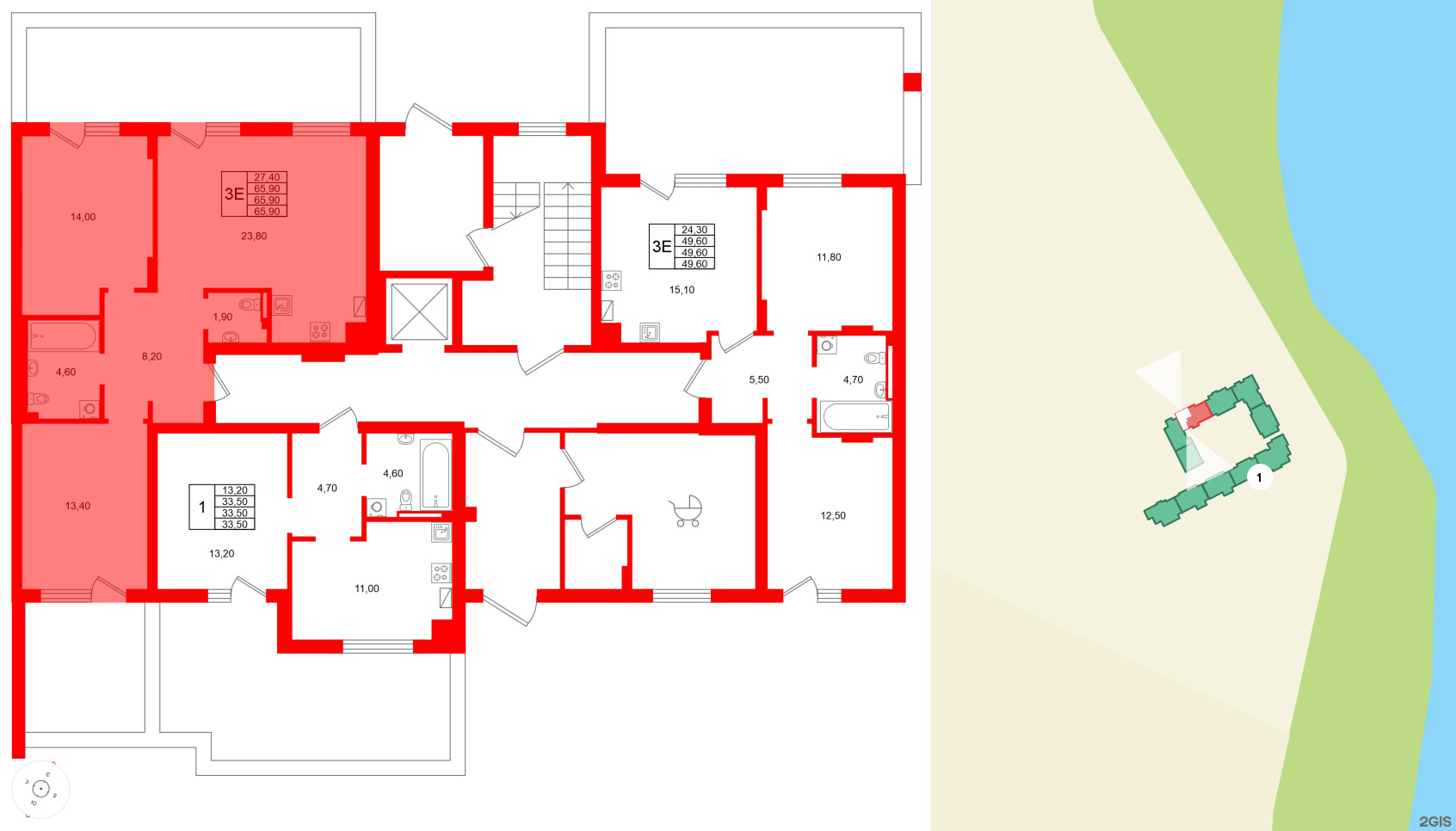 Квартира в ЖК Виридиан, 2 комнатная, 65.9 м², 1 этаж