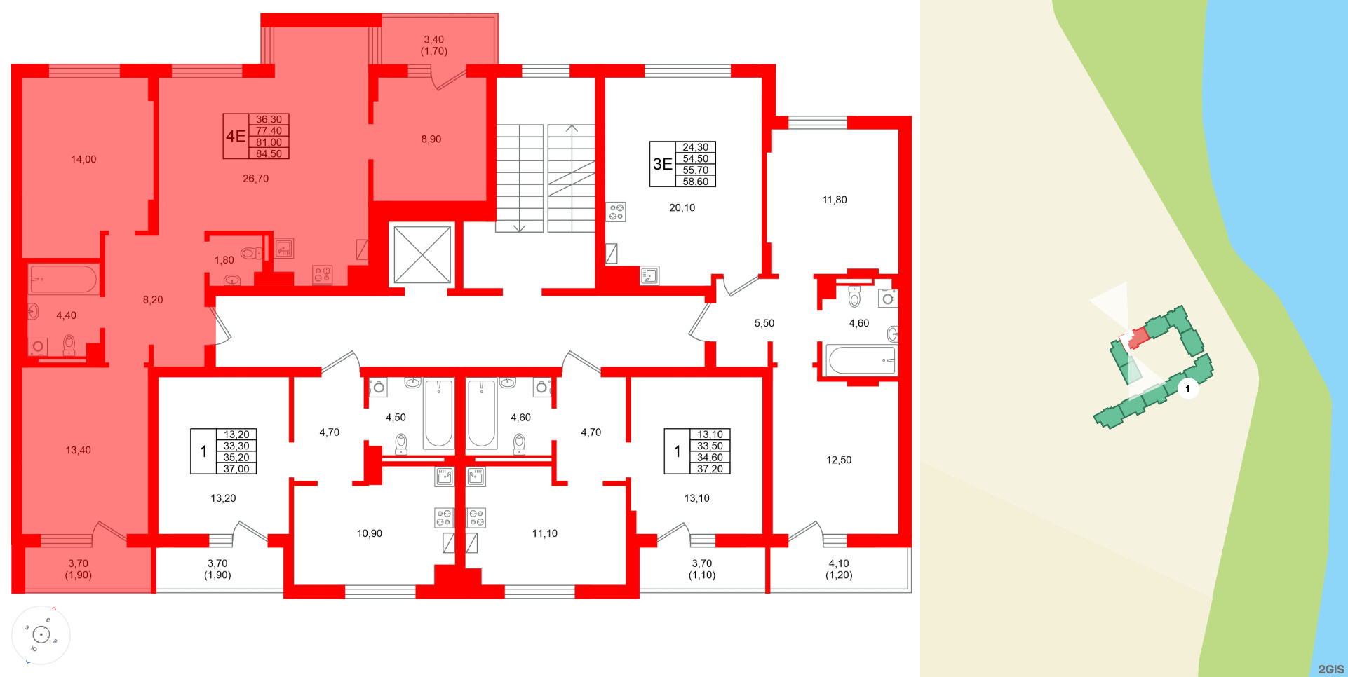 Квартира в ЖК Виридиан, 3 комнатная, 81 м², 2 этаж