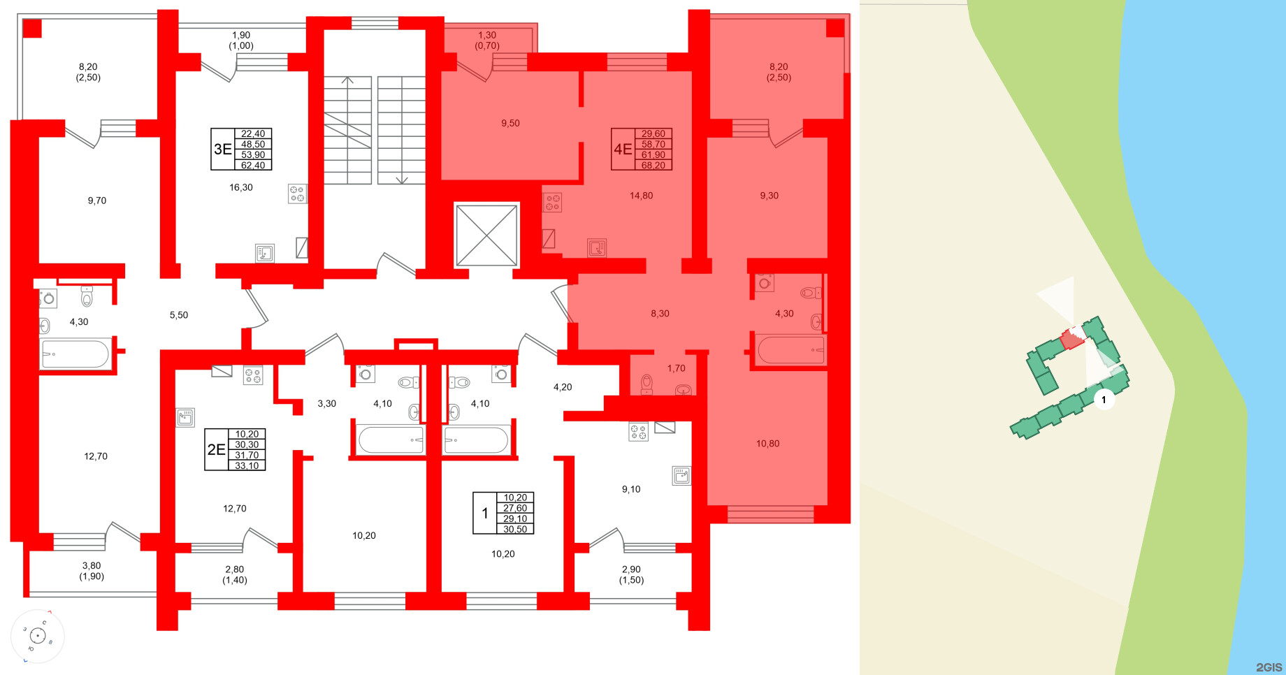 Квартира в ЖК Виридиан, 3 комнатная, 61.9 м², 2 этаж