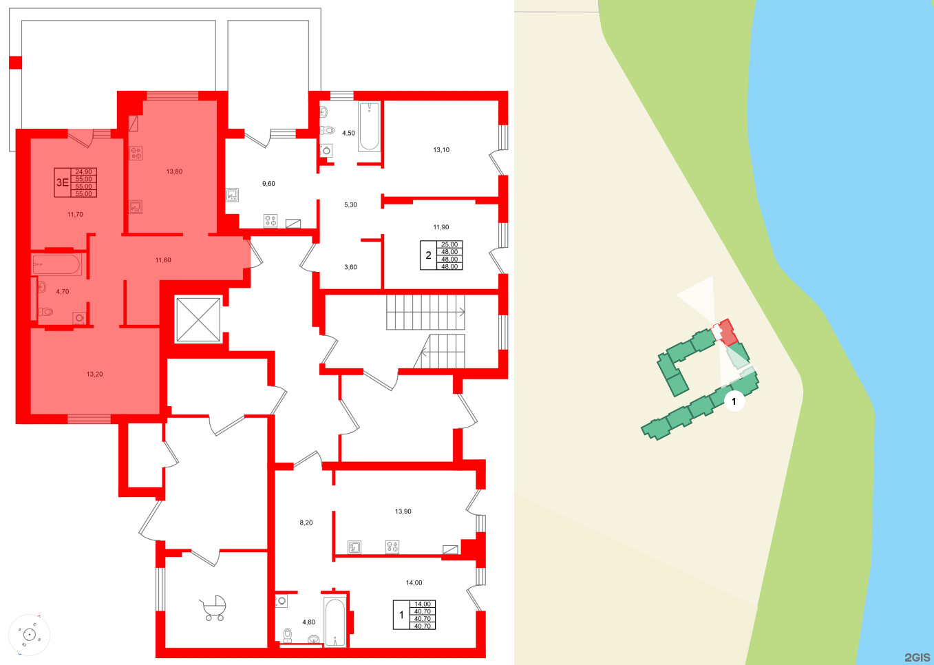 Квартира в ЖК Виридиан, 2 комнатная, 55 м², 1 этаж