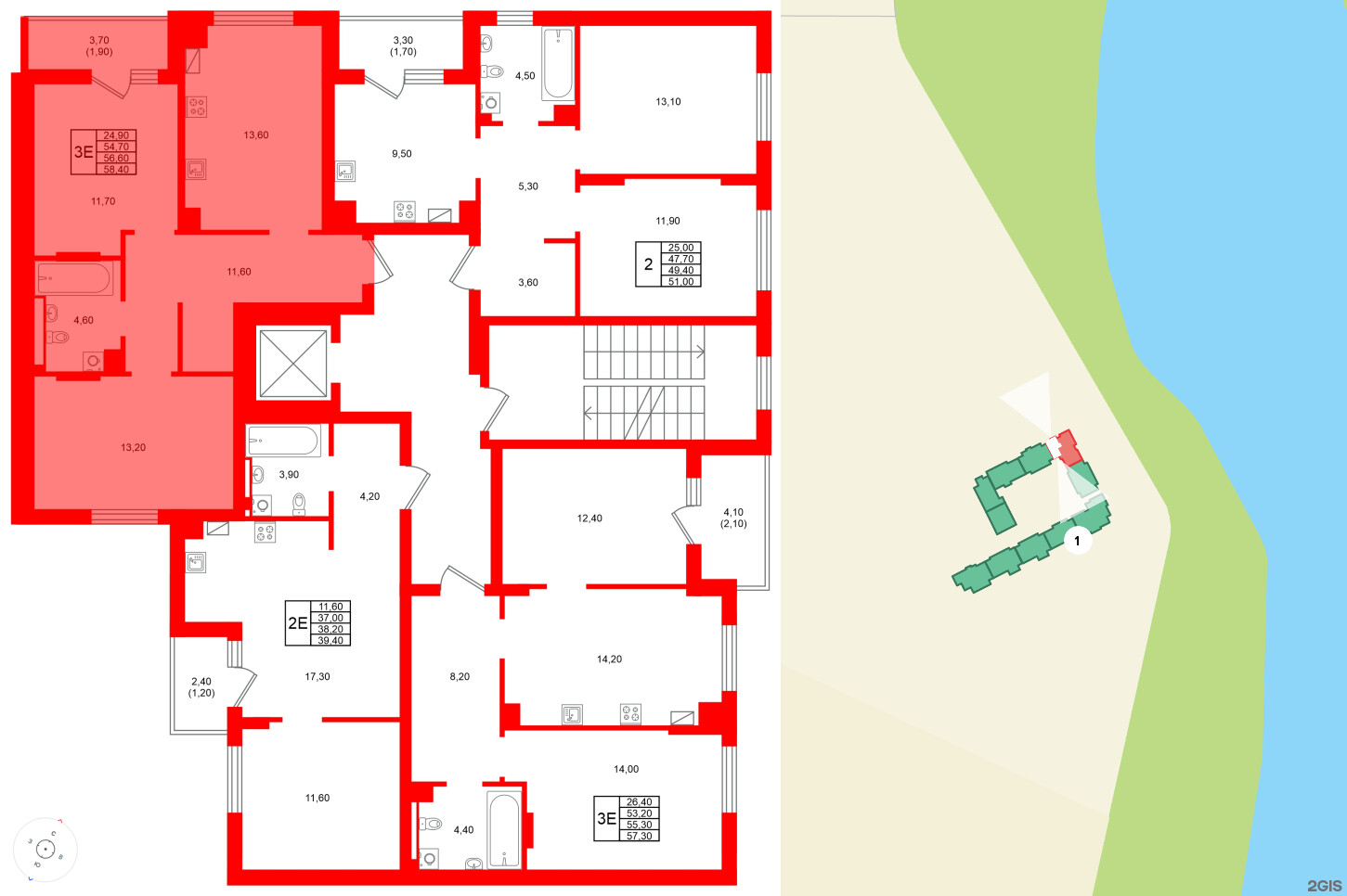 Квартира в ЖК Виридиан, 2 комнатная, 56.6 м², 2 этаж