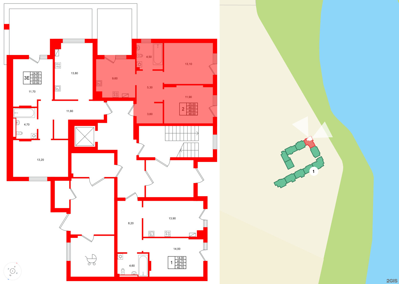 Квартира в ЖК Виридиан, 2 комнатная, 48 м², 1 этаж