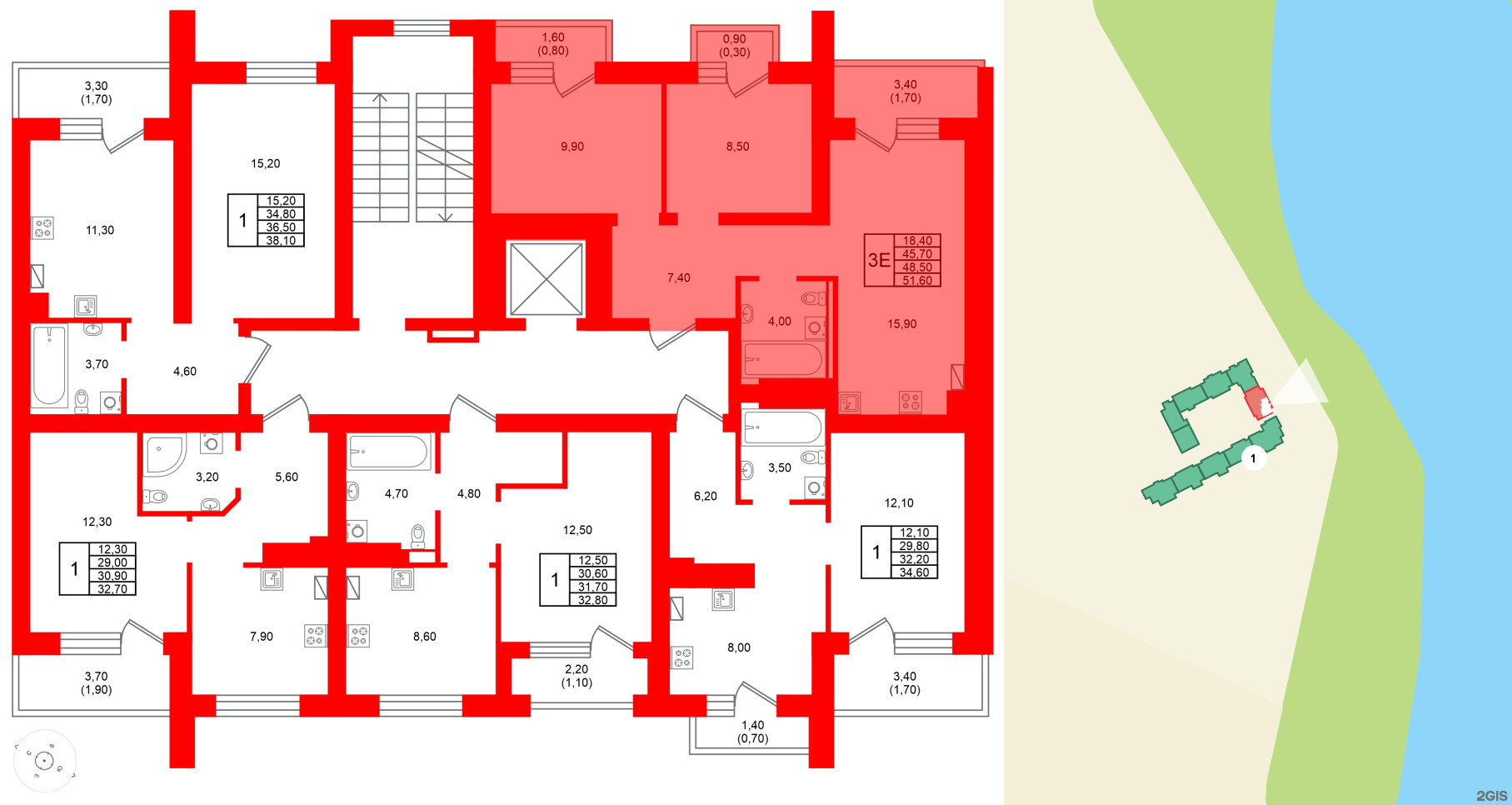Квартира в ЖК Виридиан, 2 комнатная, 48.5 м², 3 этаж