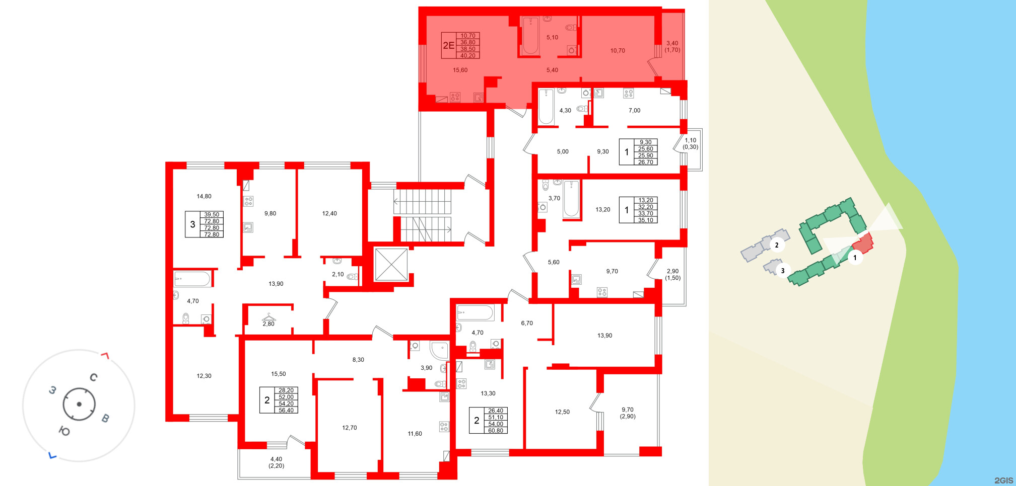 Квартира в ЖК Виридиан, 1 комнатная, 38.5 м², 2 этаж