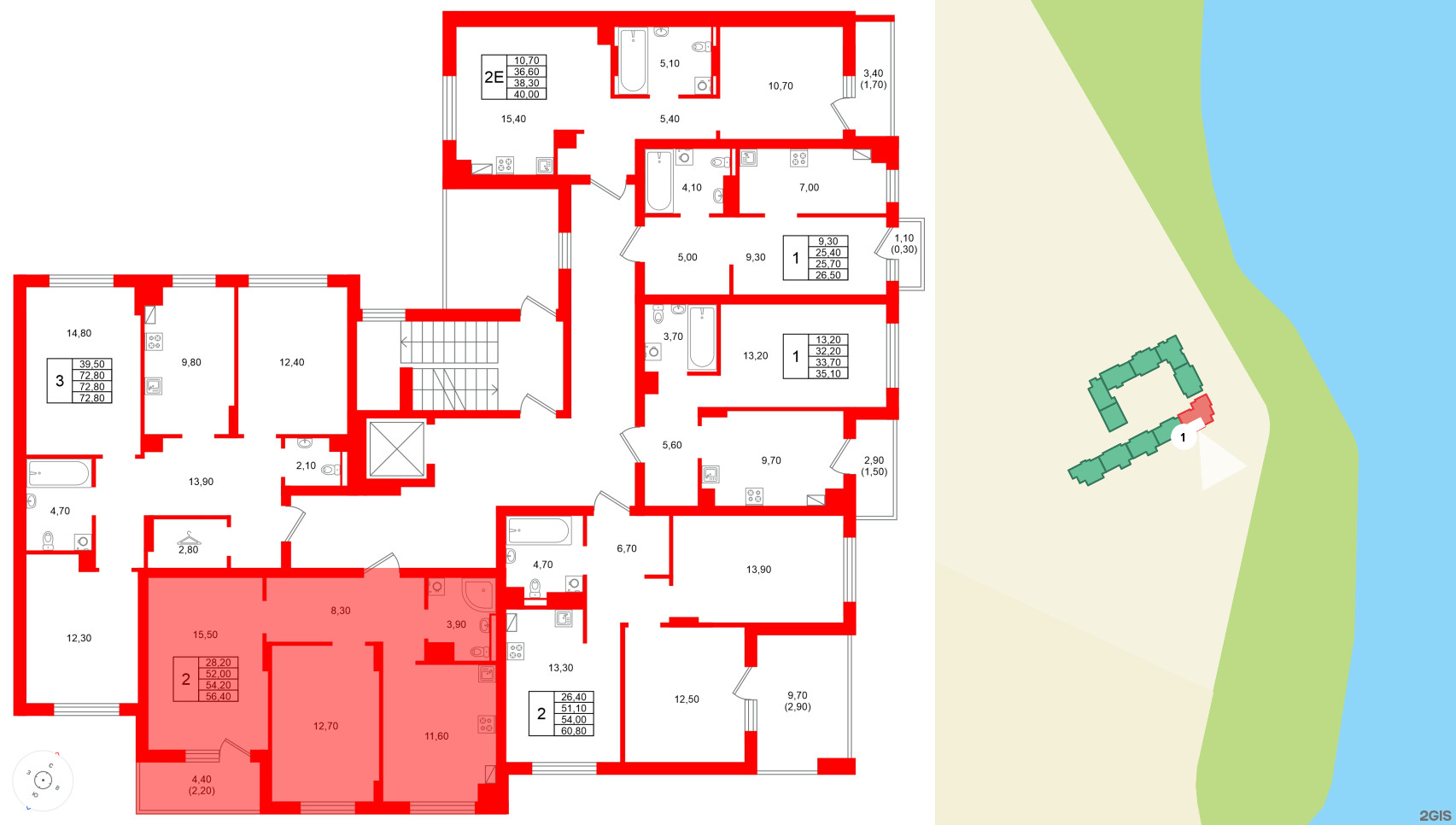 Квартира в ЖК Виридиан, 2 комнатная, 54.2 м², 3 этаж