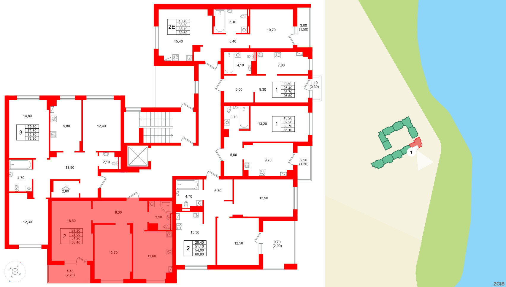 Квартира в ЖК Виридиан, 2 комнатная, 54.2 м², 4 этаж