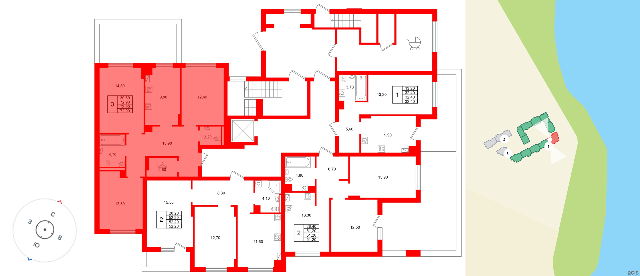 Квартира в ЖК «Виридиан», 3 комнатная, 72.9 м², 1 этаж