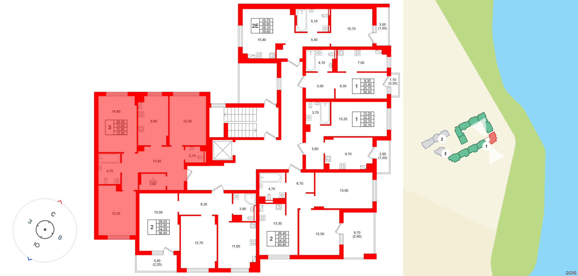 Квартира в ЖК «Виридиан», 3 комнатная, 72.8 м², 4 этаж