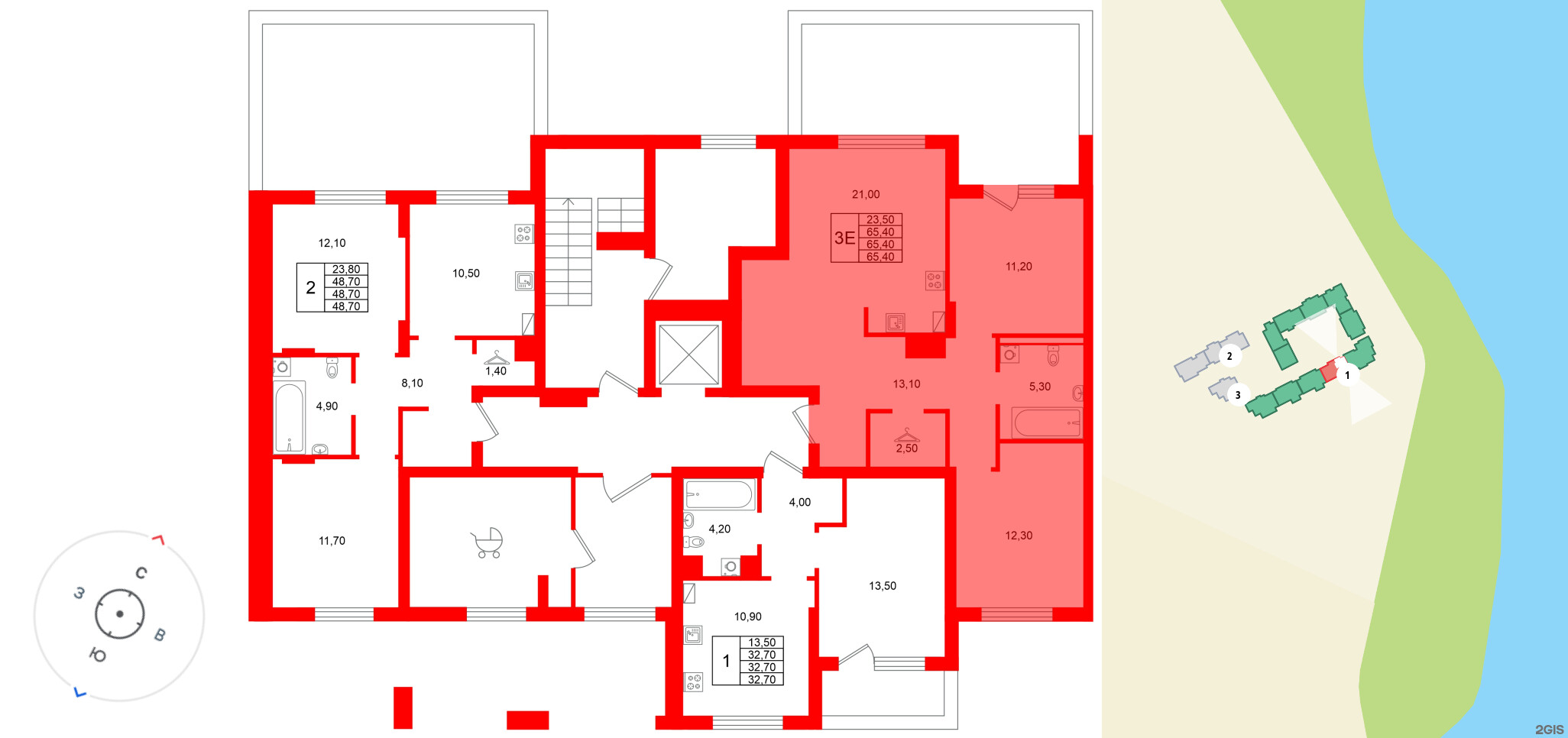 Квартира в ЖК Виридиан, 2 комнатная, 65.4 м², 1 этаж