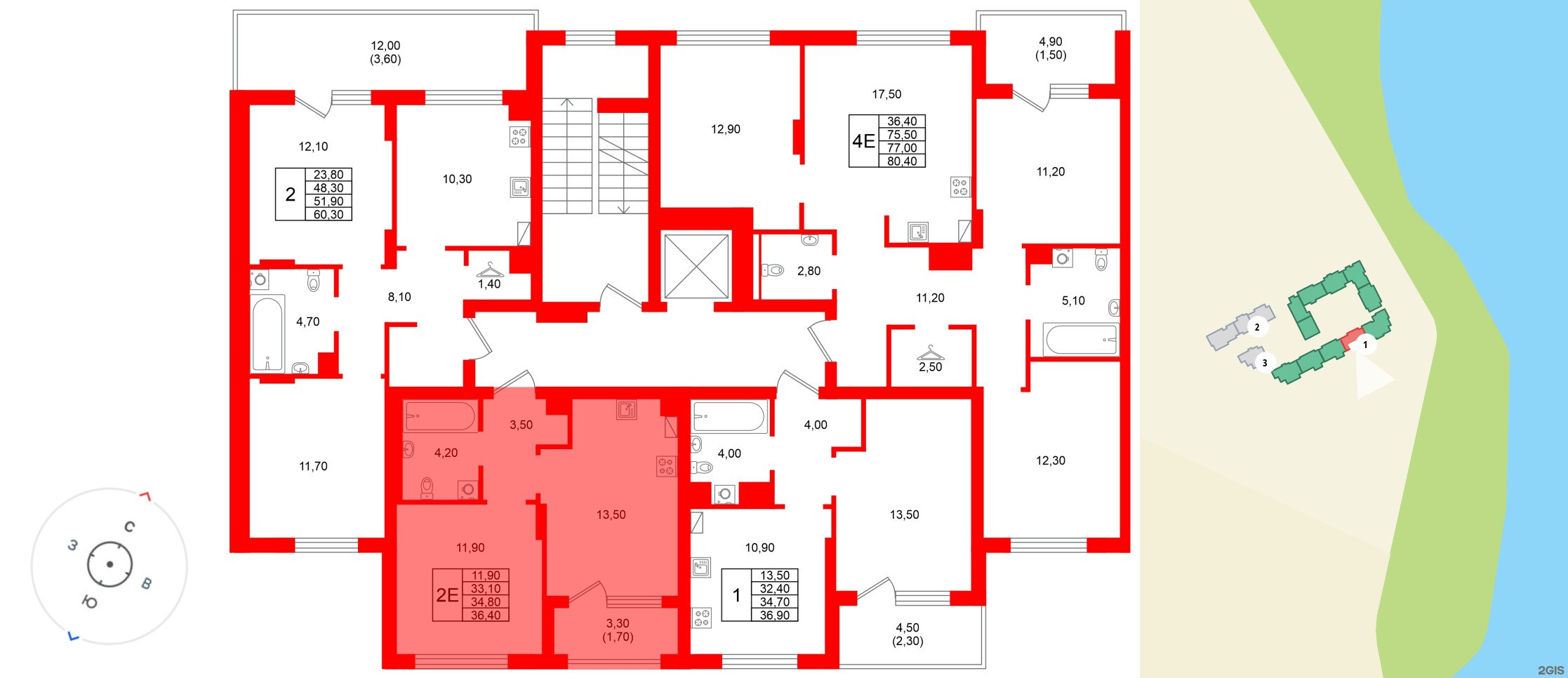 Квартира в ЖК Виридиан, 1 комнатная, 34.8 м², 2 этаж