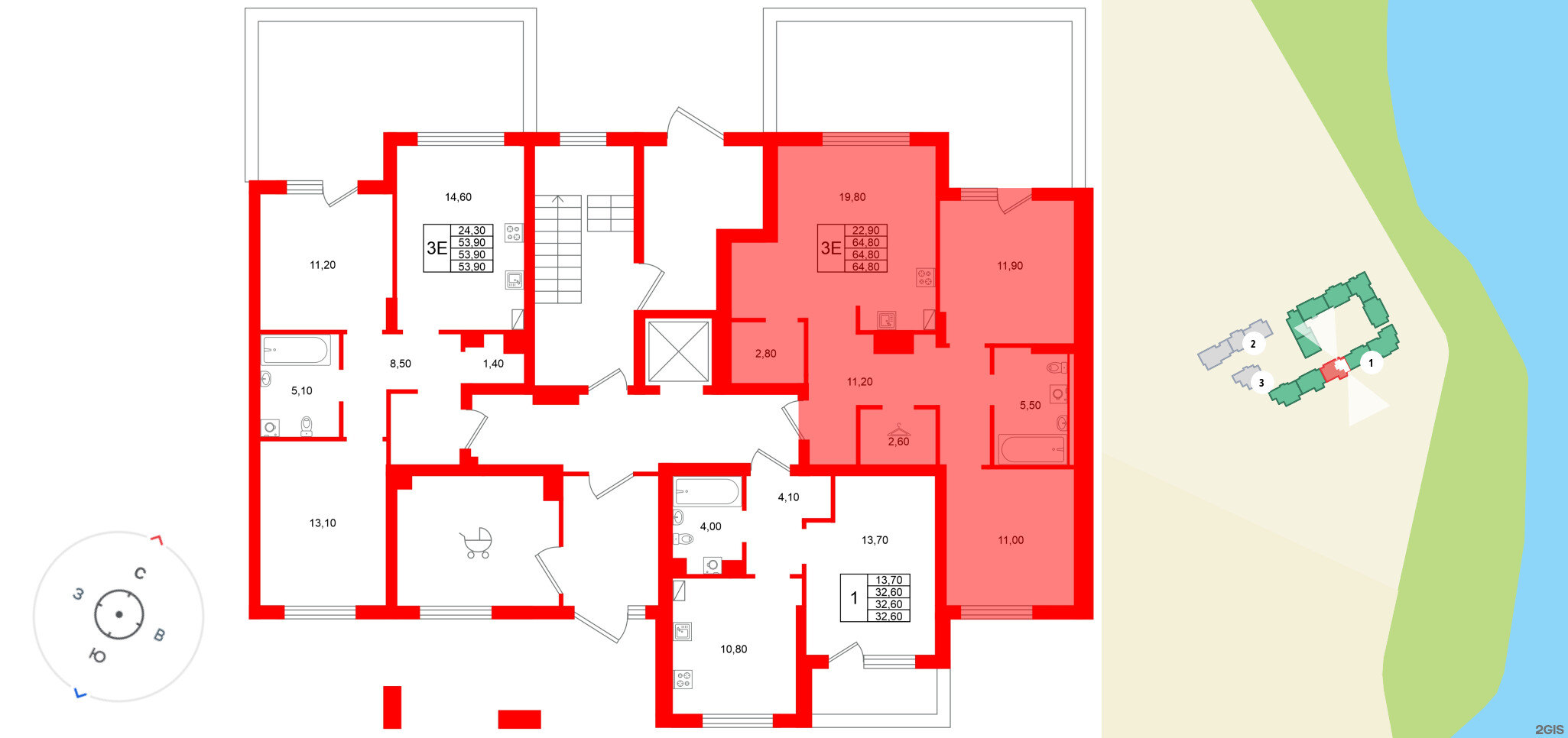 Квартира в ЖК Виридиан, 2 комнатная, 64.8 м², 1 этаж