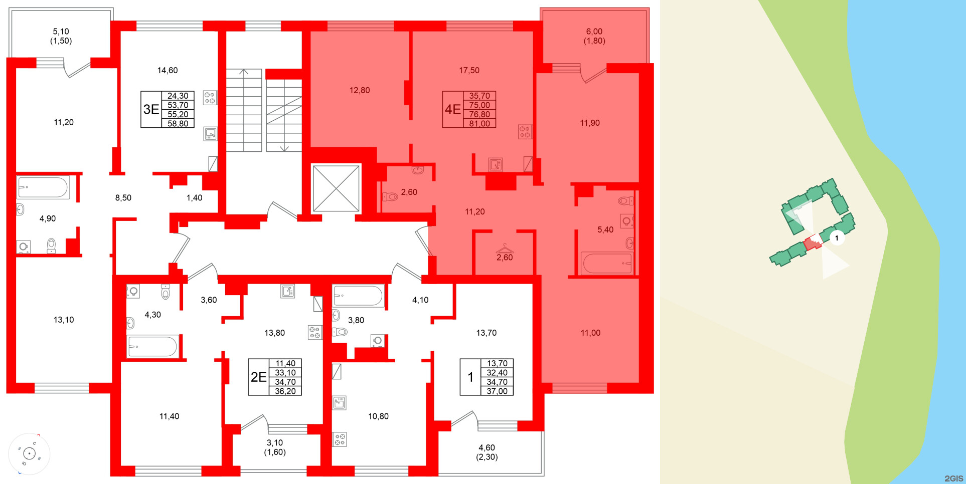 Квартира в ЖК Виридиан, 3 комнатная, 76.8 м², 2 этаж