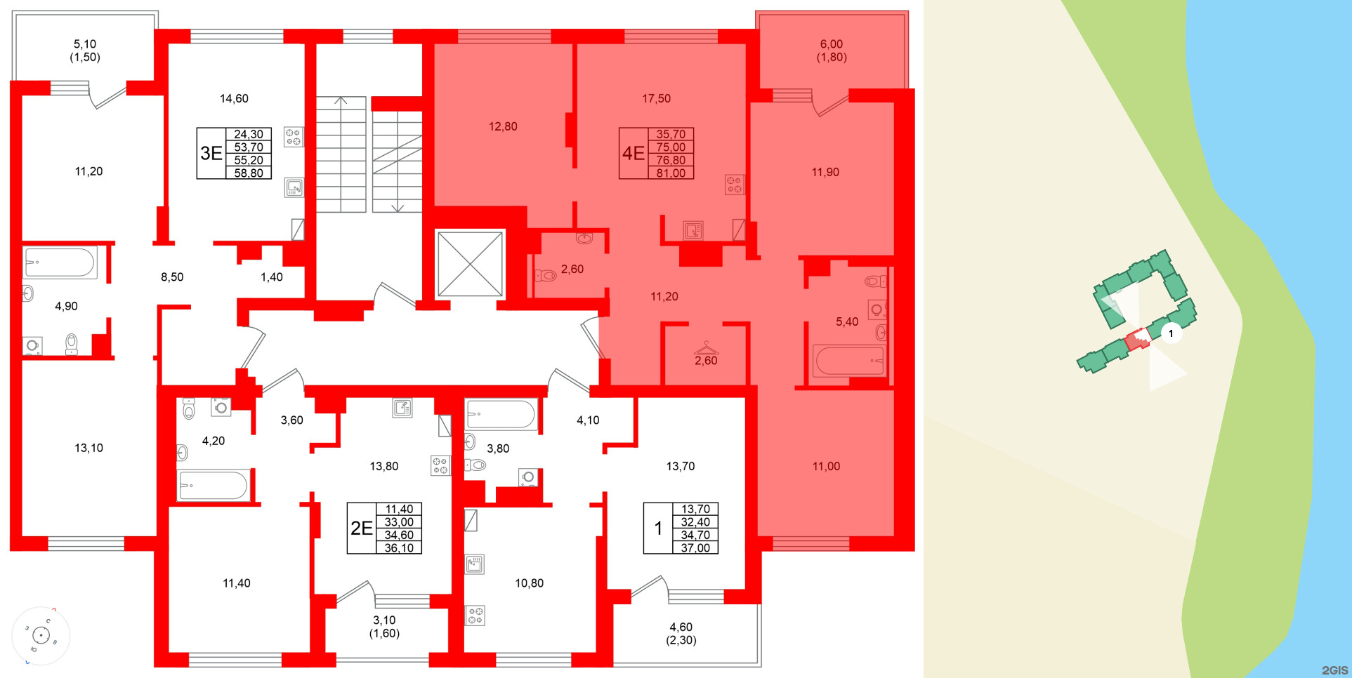 Квартира в ЖК Виридиан, 3 комнатная, 76.8 м², 3 этаж