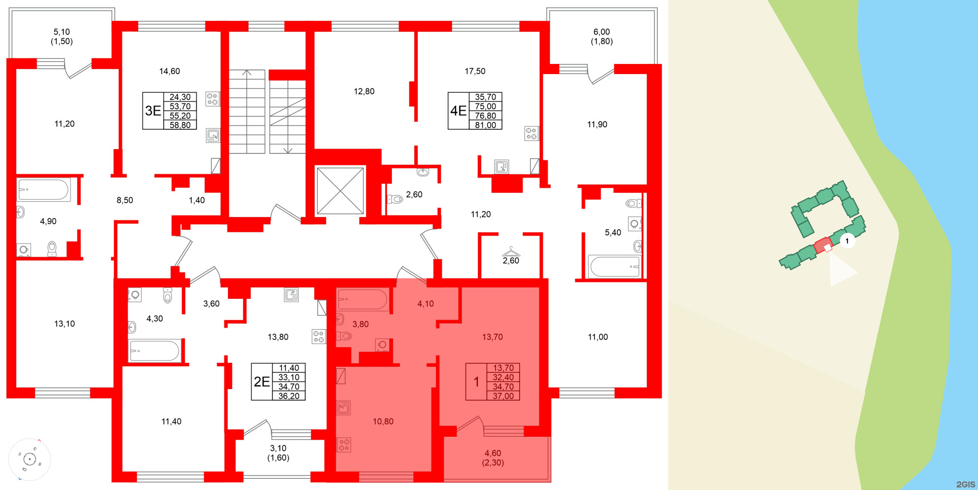 Квартира в ЖК Виридиан, 1 комнатная, 34.7 м², 2 этаж