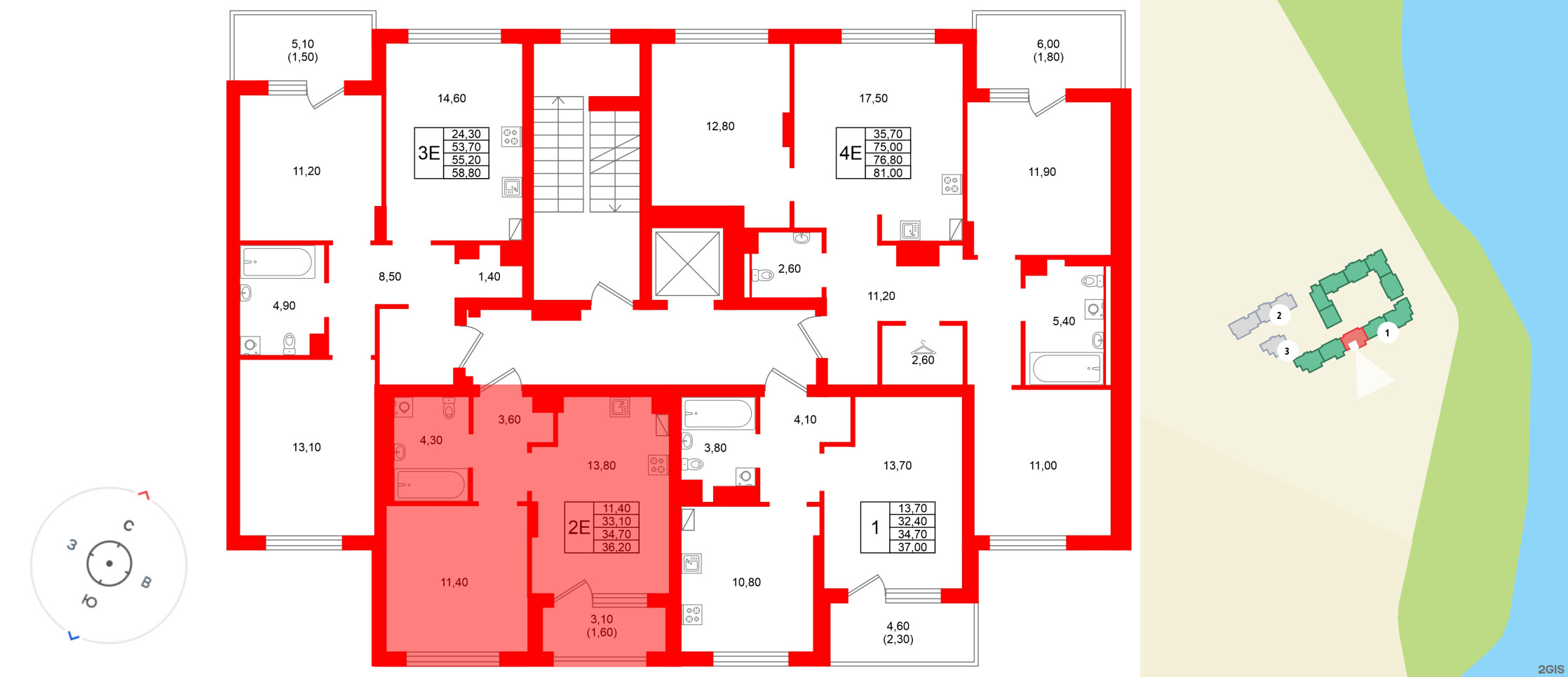 Квартира в ЖК Виридиан, 1 комнатная, 34.7 м², 2 этаж