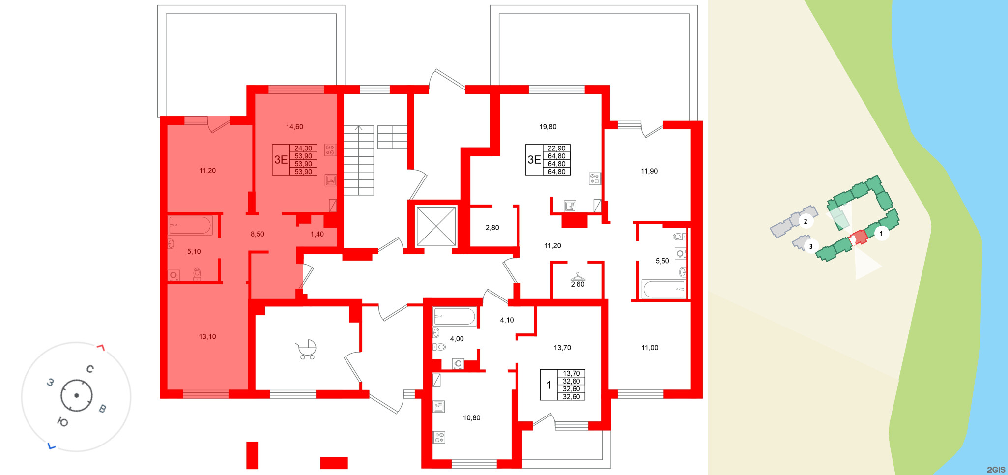 Квартира в ЖК Виридиан, 2 комнатная, 53.9 м², 1 этаж